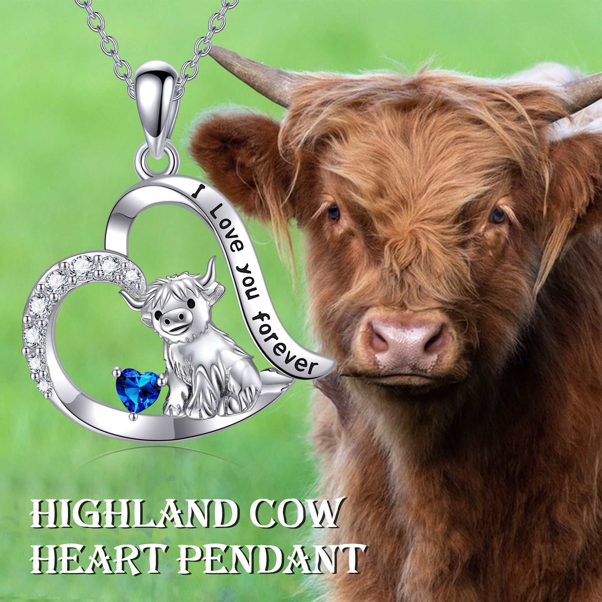 Sterling Silver Blue Cubic Zirconia Highland Cow & Heart Pendant Necklace with Engraved Word