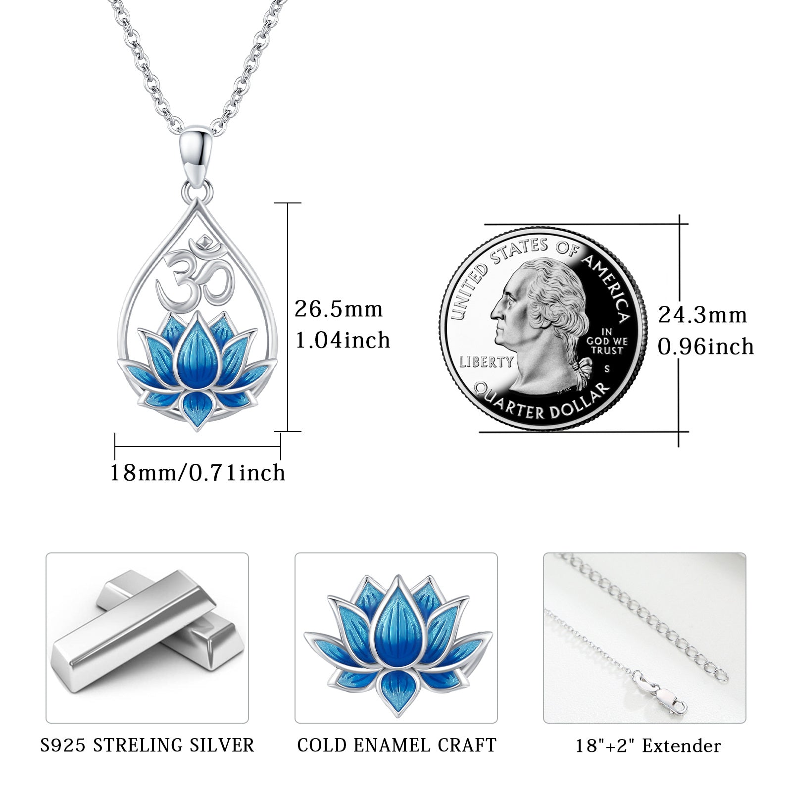 Sterling Silver Blue Lotus & Drop Shape Pendant Necklace