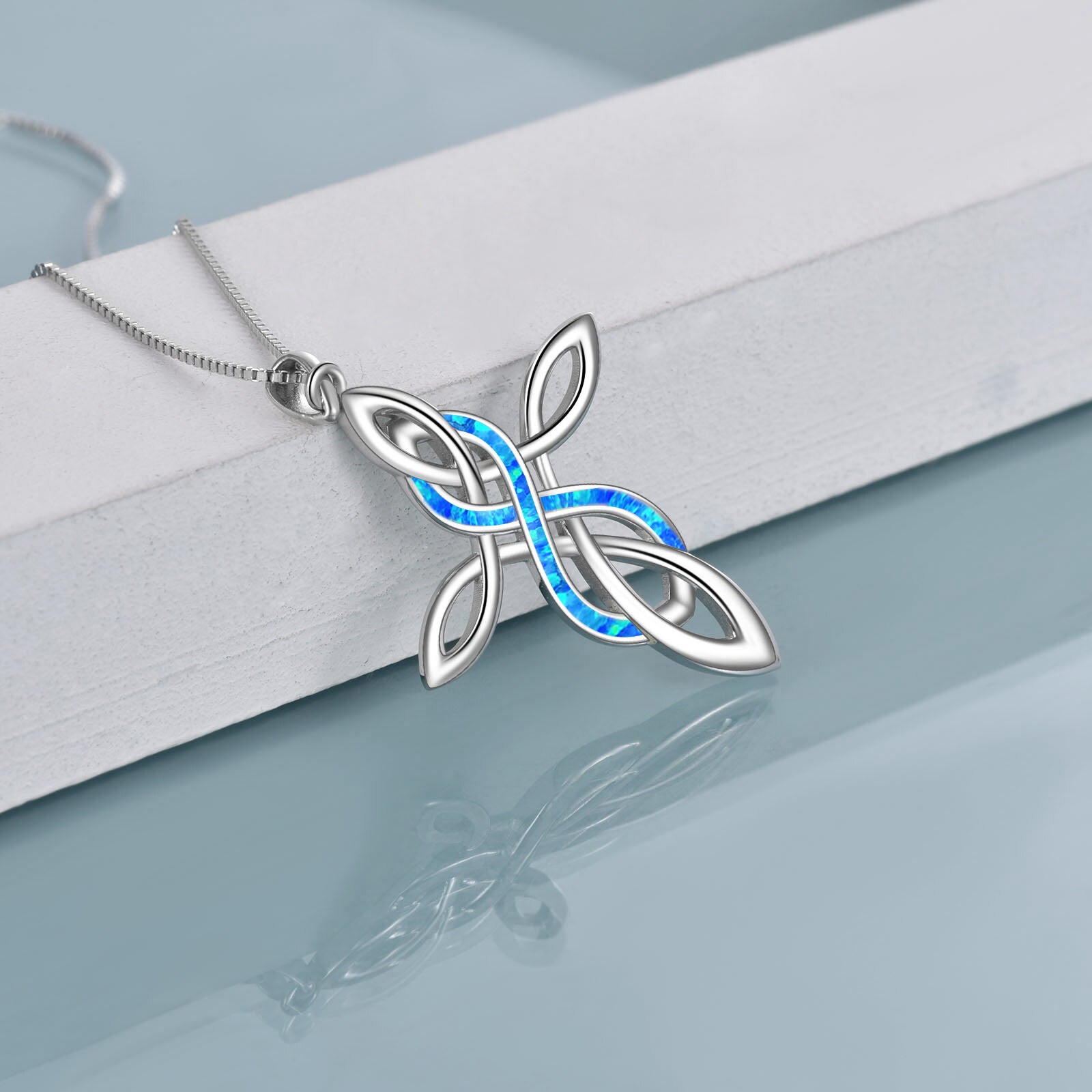 Sterling Silver Blue Opal Celtic Knot Cross Pendant Necklace