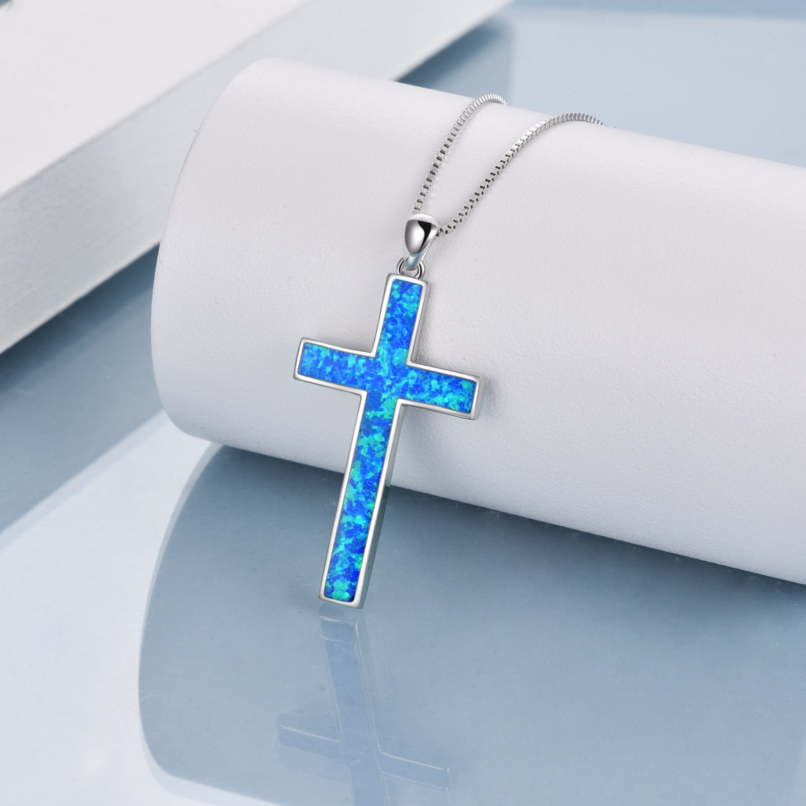 Sterling Silver Blue Opal Cross Pendant Necklace