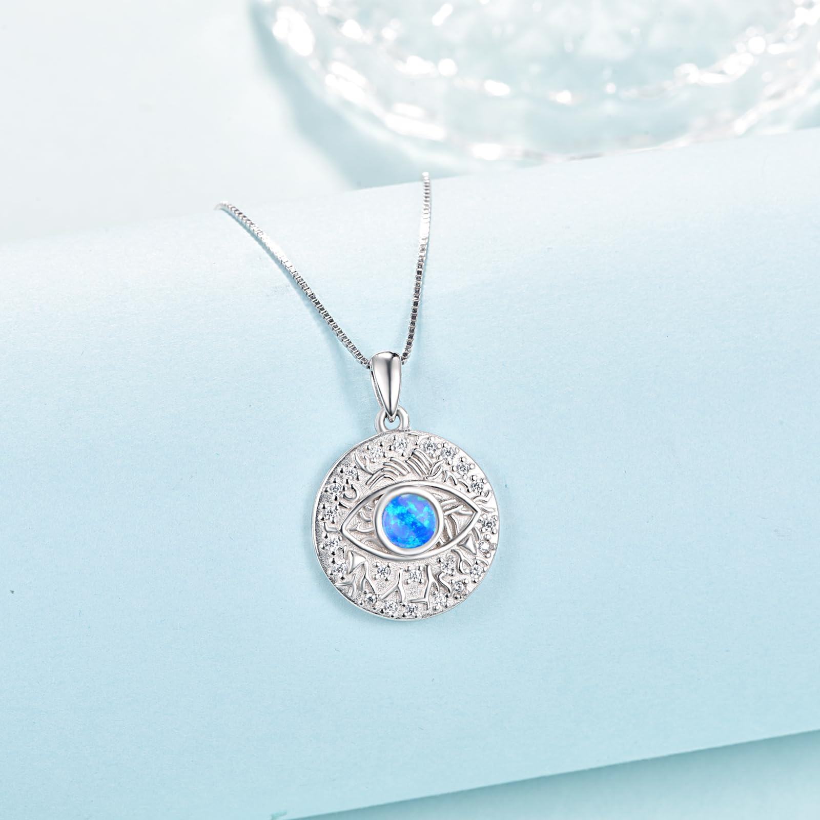 Sterling Silver Blue Opal Evil Eye Pendant Necklace for Women
