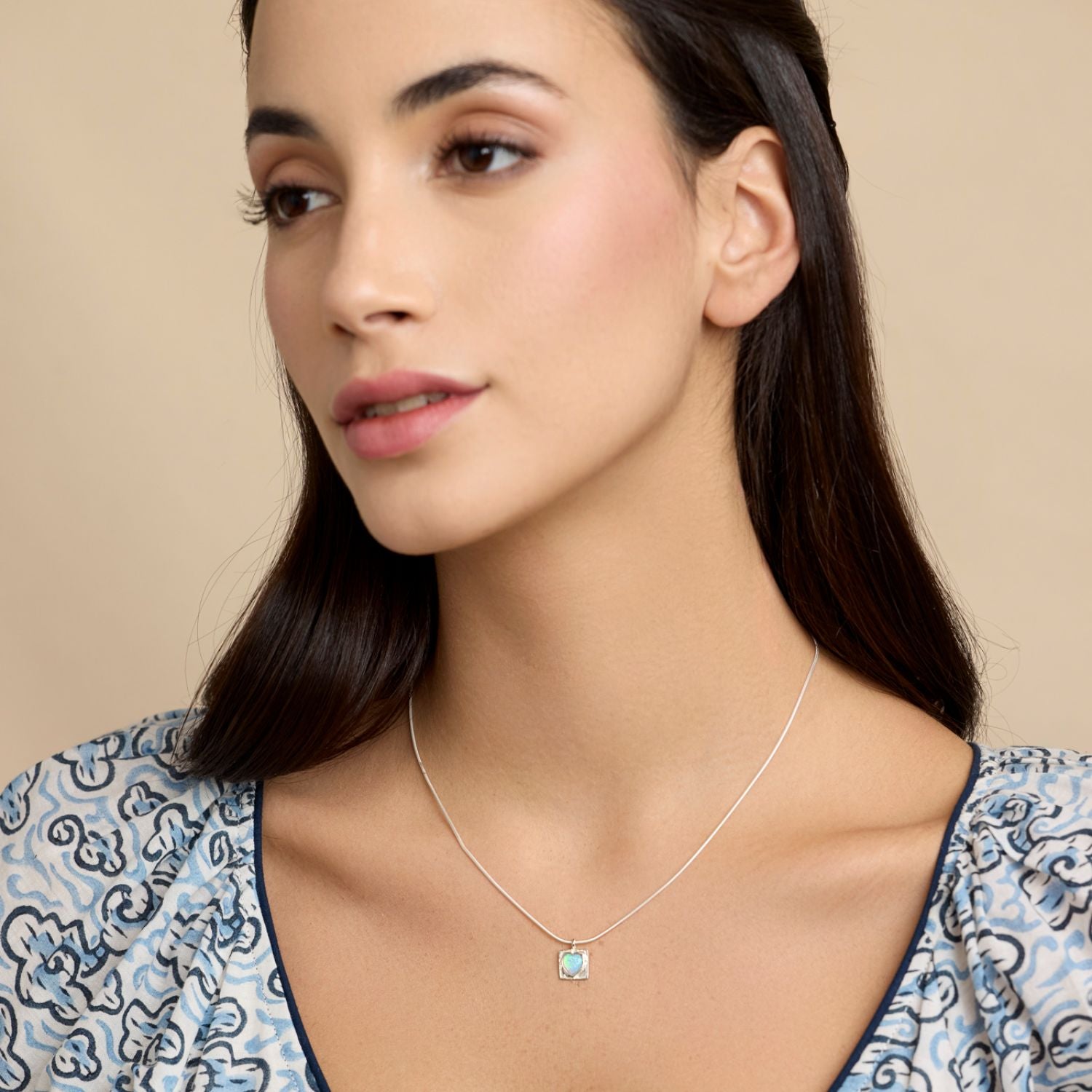 Sterling Silver Blue Opal Heart Pendant Necklace