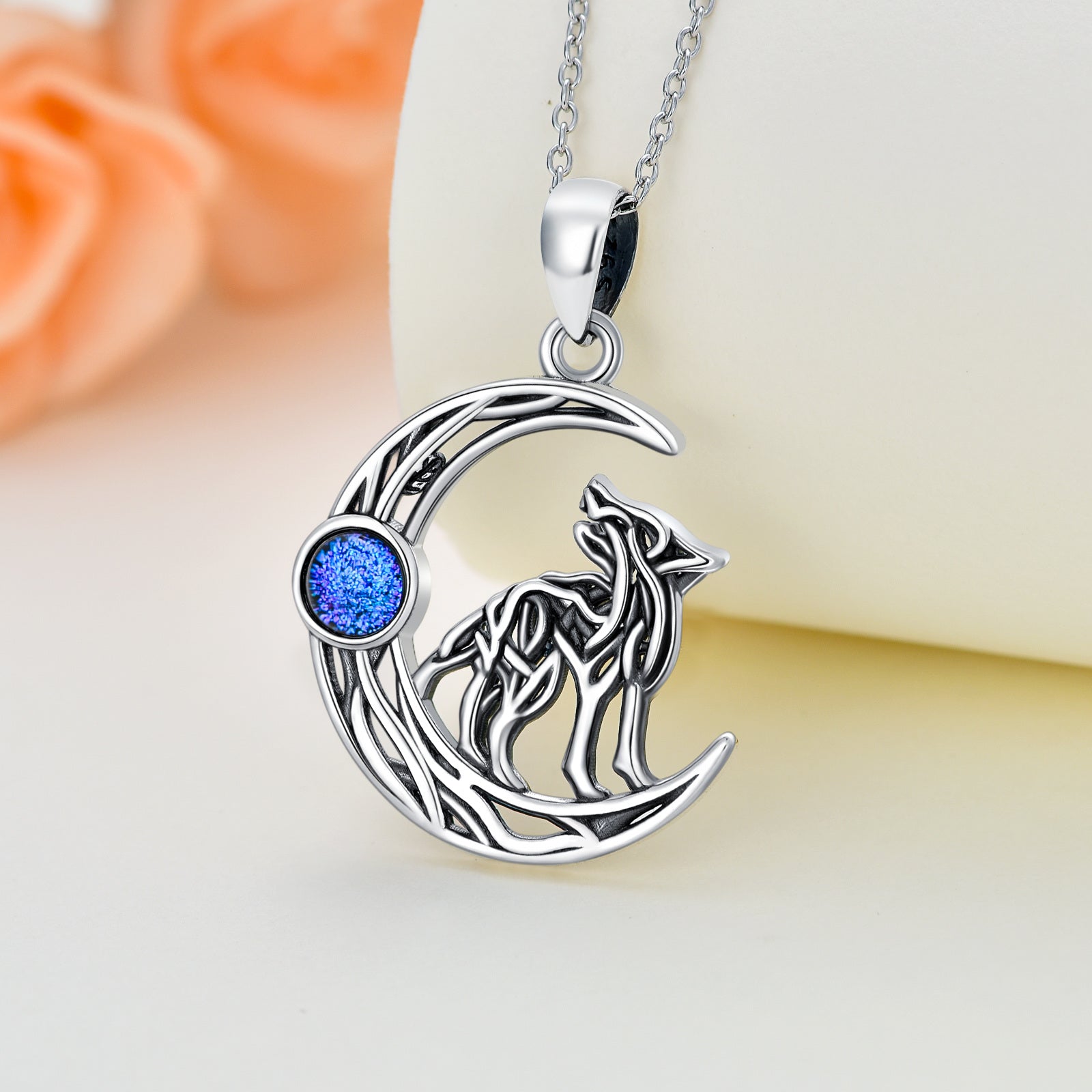 Sterling Silver Blue Sandstone Wolf & Moon Pendant Necklace