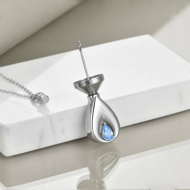 Sterling Silver Blue Cubic Zirconia Tear Drop Shape Urn Necklace for Ashes