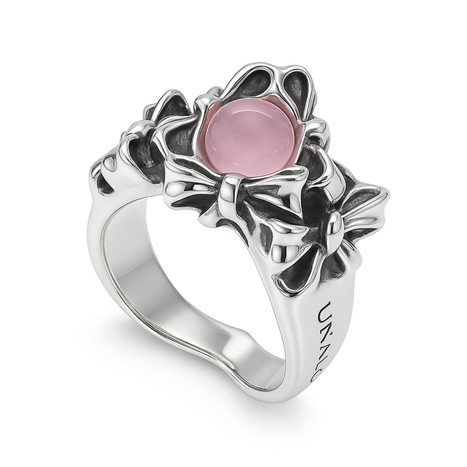 Sterling Silver Bow-Inspired Ring With Pink Hydrothermal Stone