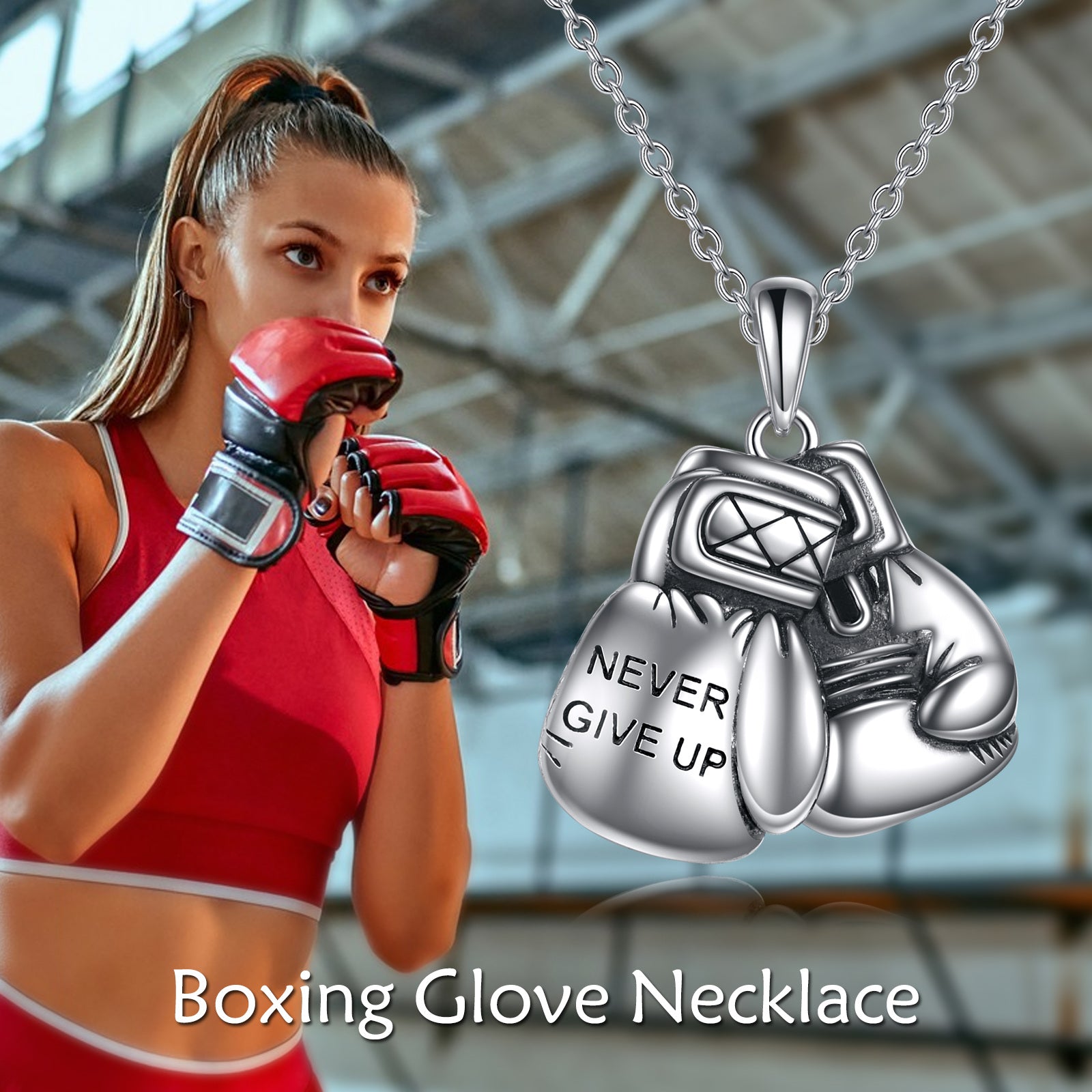 Sterling Silver Boxing Gloves Pendant Necklace with Engraved Word