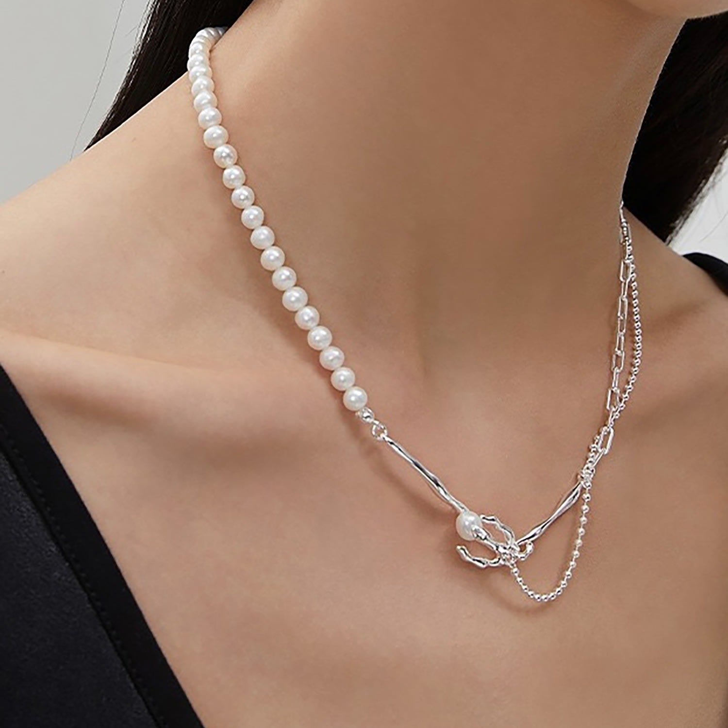 Sterling Silver Branches With White Pearls Statement Necklace