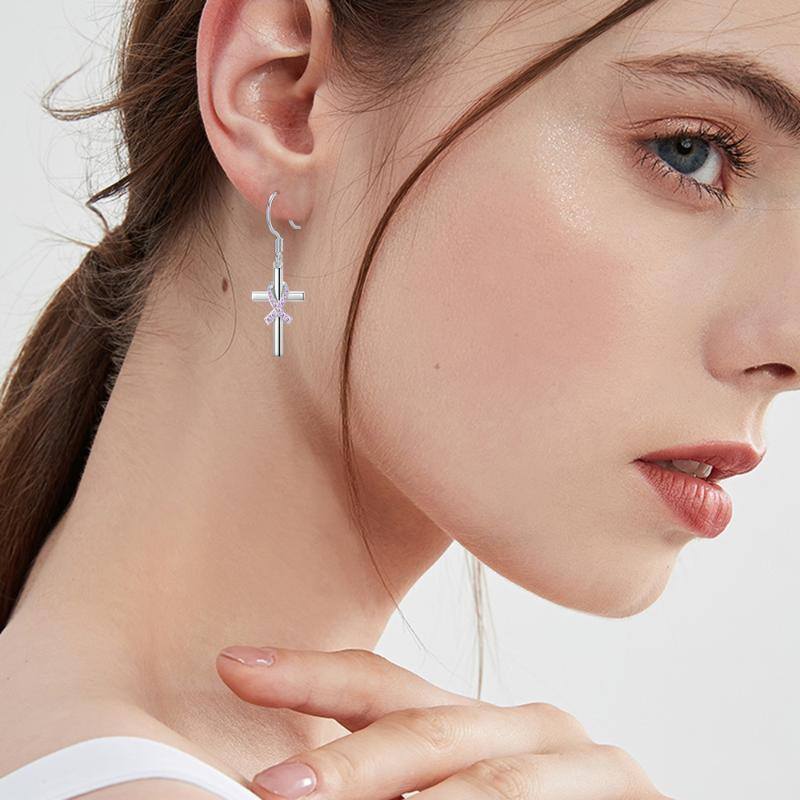Sterling Silver Cubic Zirconia Breast Cancer & Cross Drop Earrings