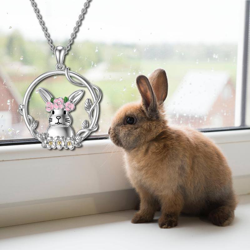 Sterling Silver Two-tone Rabbit & Leaves & Wildflowers Pendant Necklace
