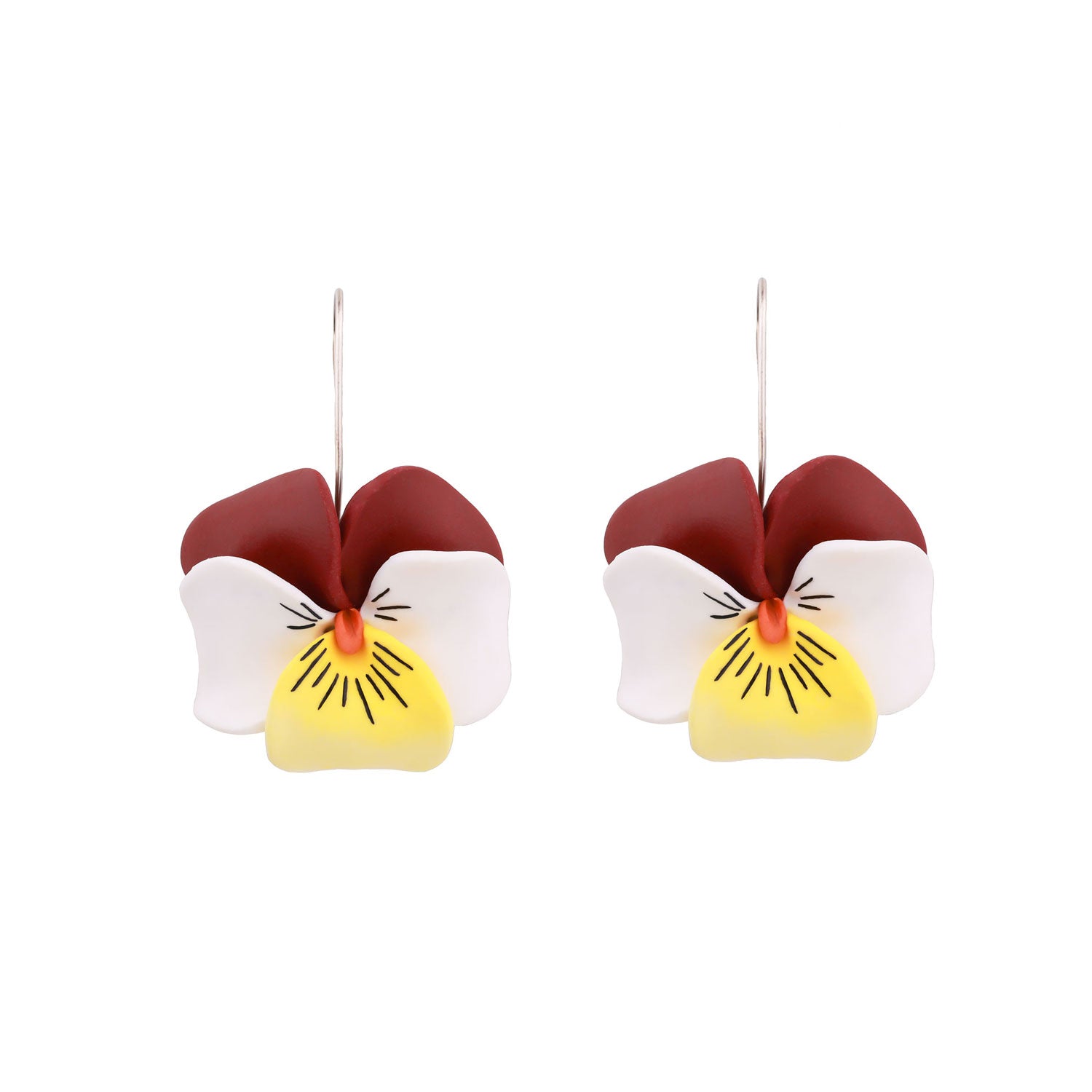 Sterling Silver Burgundy Pansy Flower Dangle Earrings