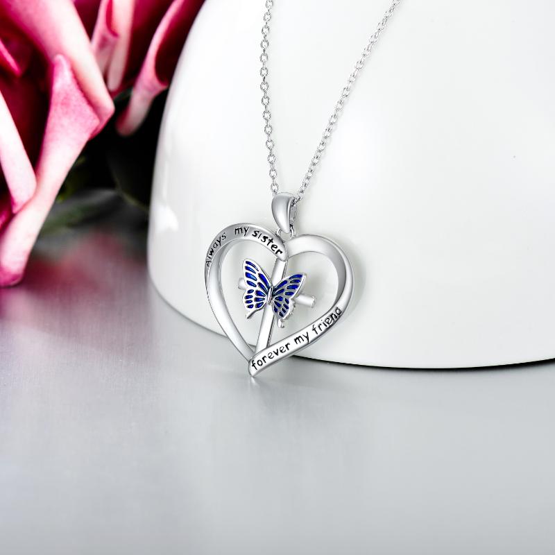 Sterling Silver Butterfly & Cross Heart Pendant Necklace With Engraved Word For Women