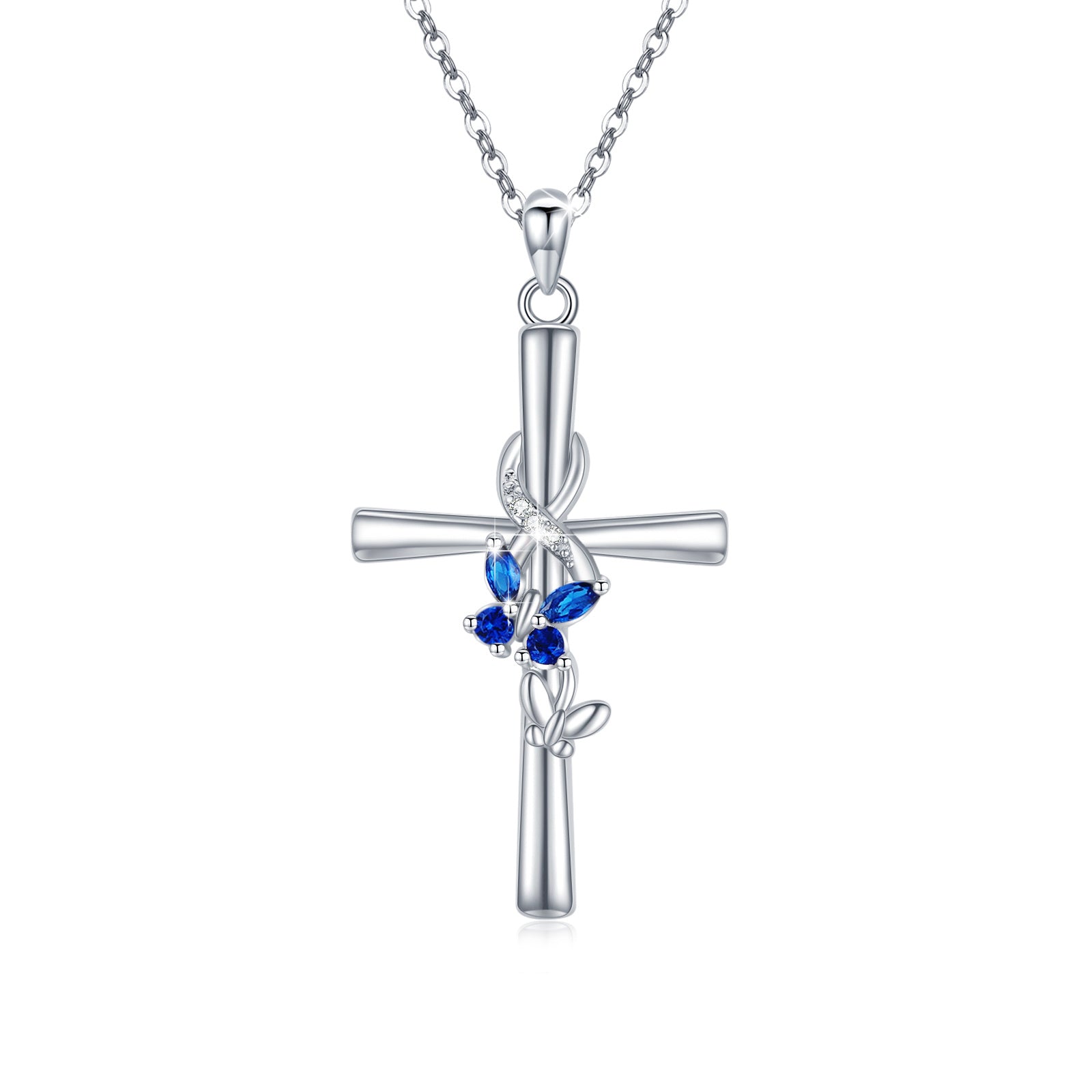 Sterling Silver Cubic Zirconia Butterfly & Cross Pendant Necklace