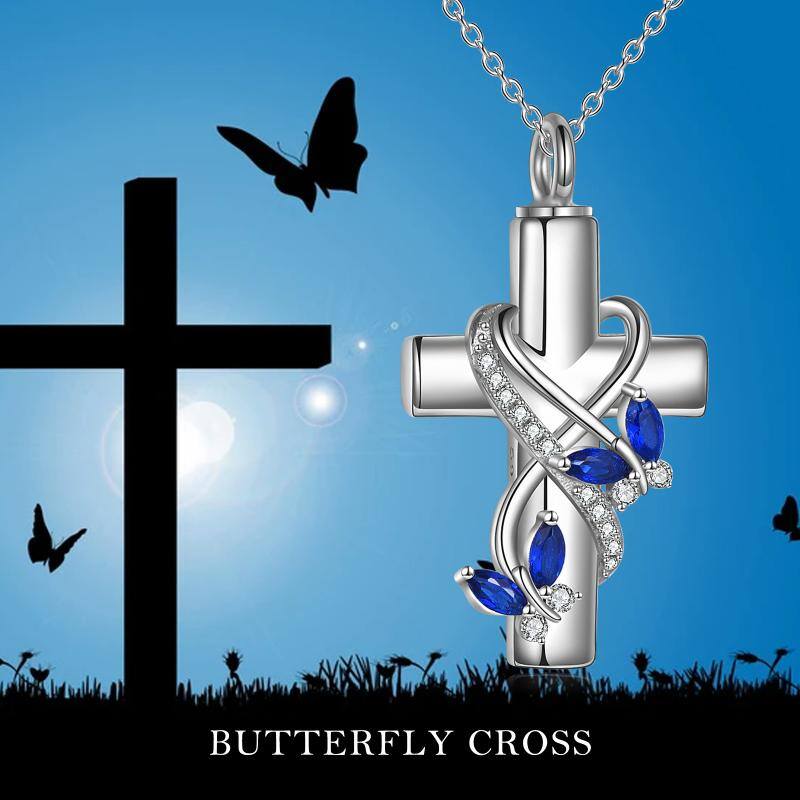 Sterling Silver Cubic Zirconia Butterfly & Cross Urn Necklace for Ashes with Engraved Word