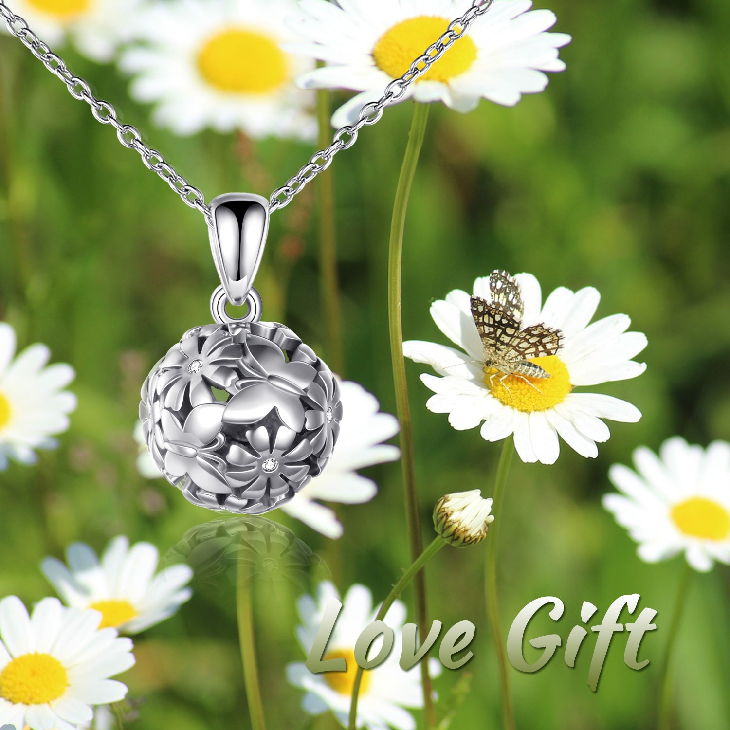 Sterling Silver Butterfly Flowers Ball Necklace for Women