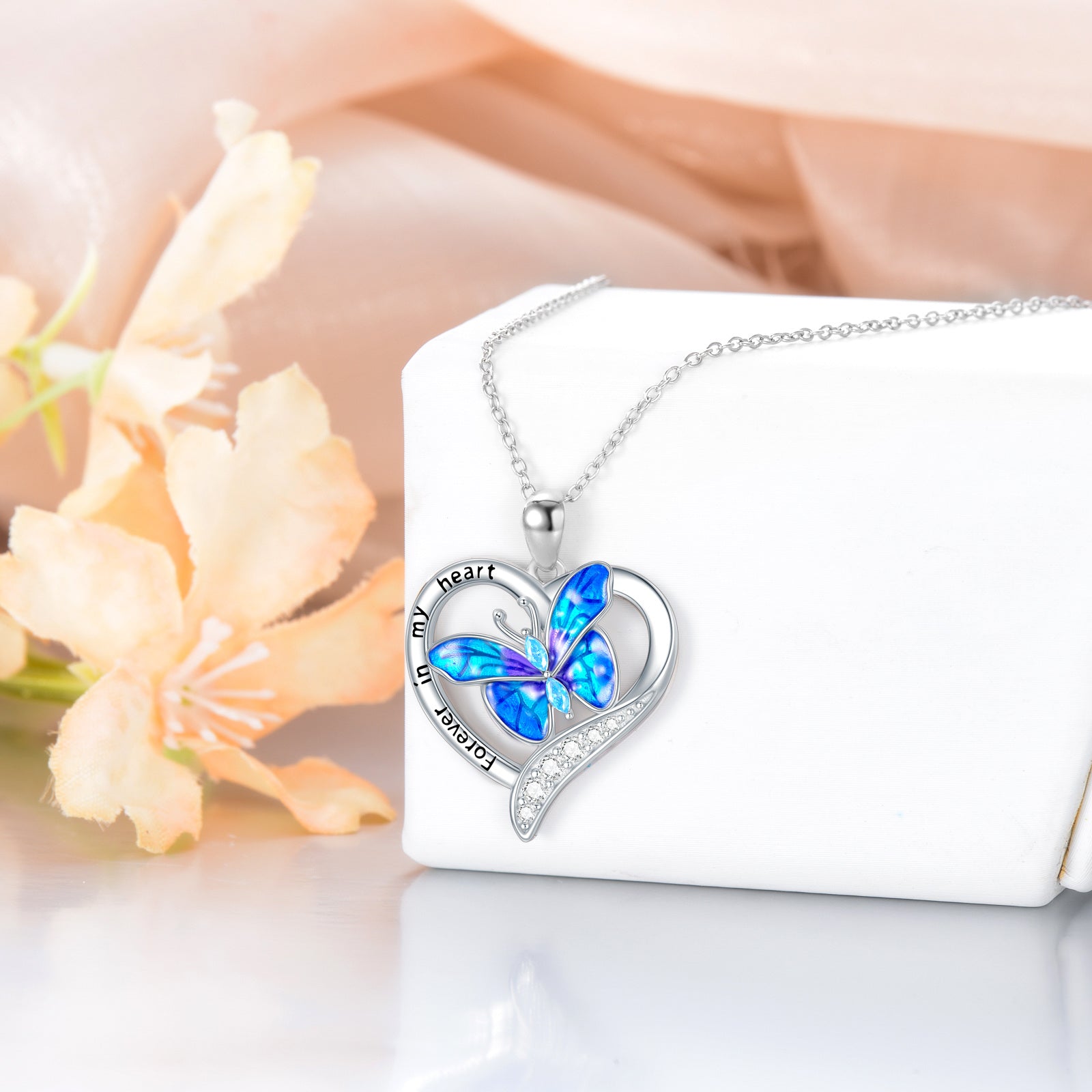 Sterling Silver Cubic Zirconia Butterfly & Heart Pendant Necklace with Engraved Word