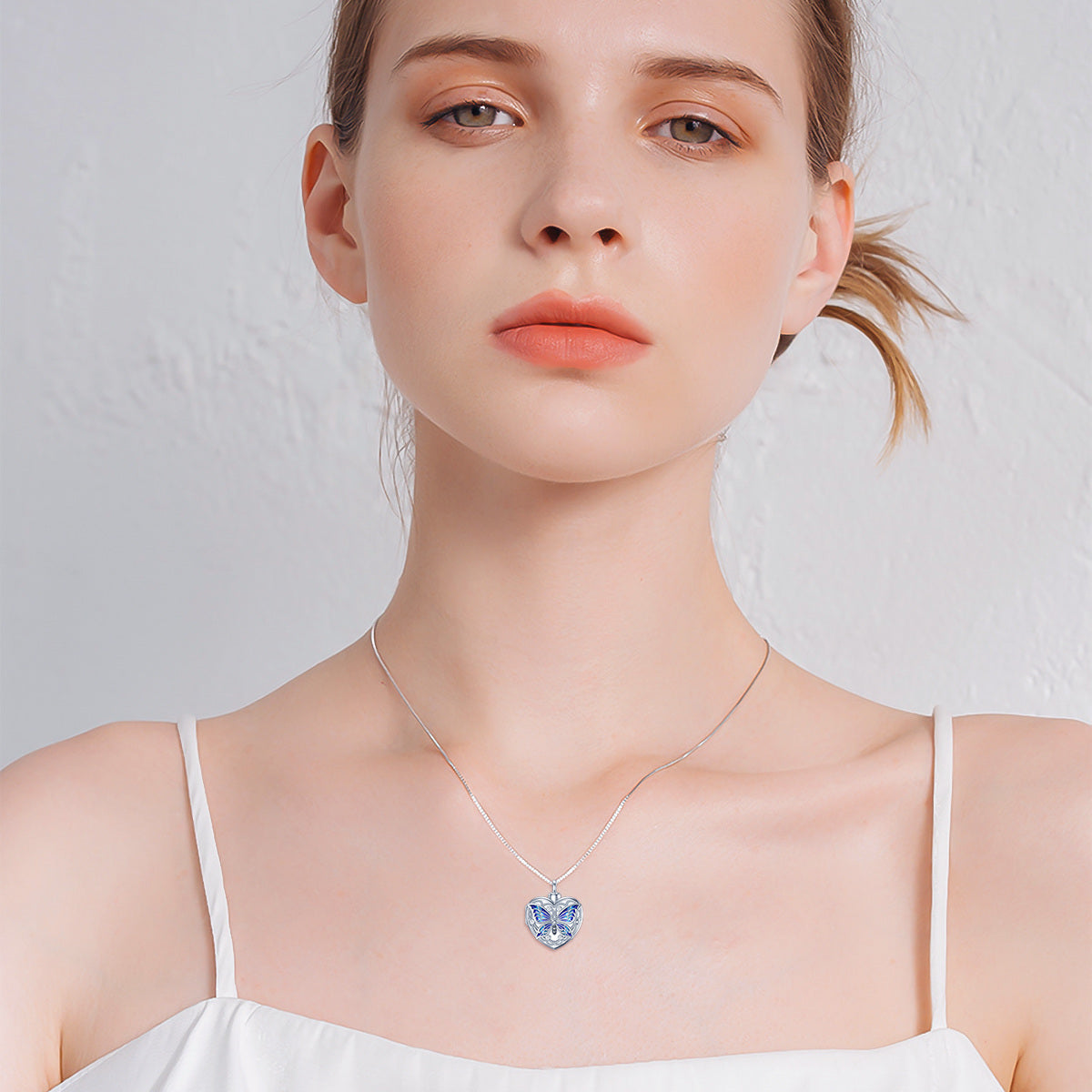 Sterling Silver Cubic Zirconia Butterfly Heart Personalized Photo Cremation Urn Necklace for Ashes