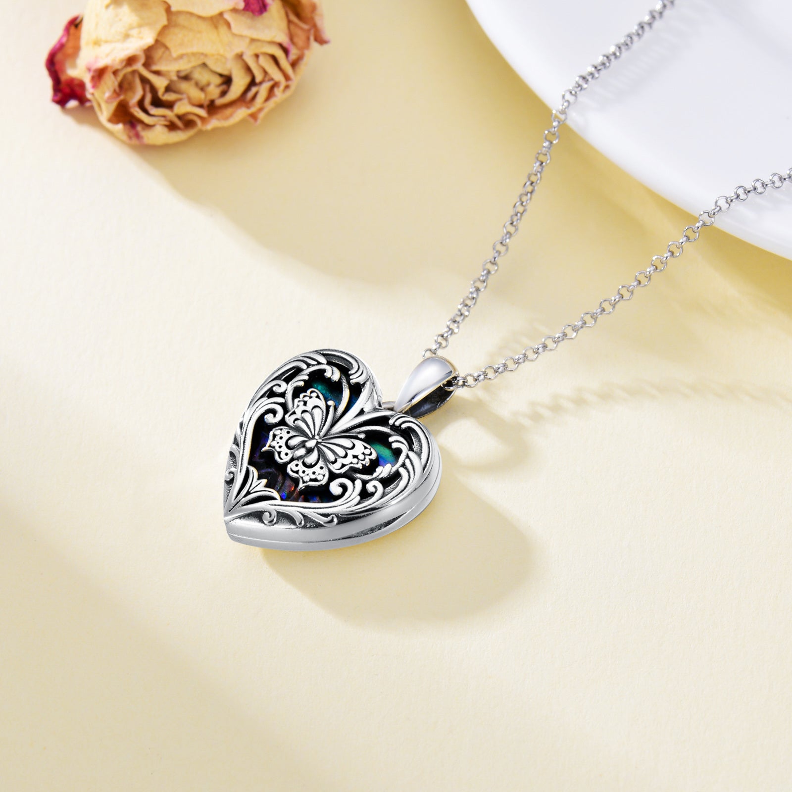 Sterling Silver Butterfly Heart Shaped Abalone Shellfish Personalized Engraving Photo Locket Necklace