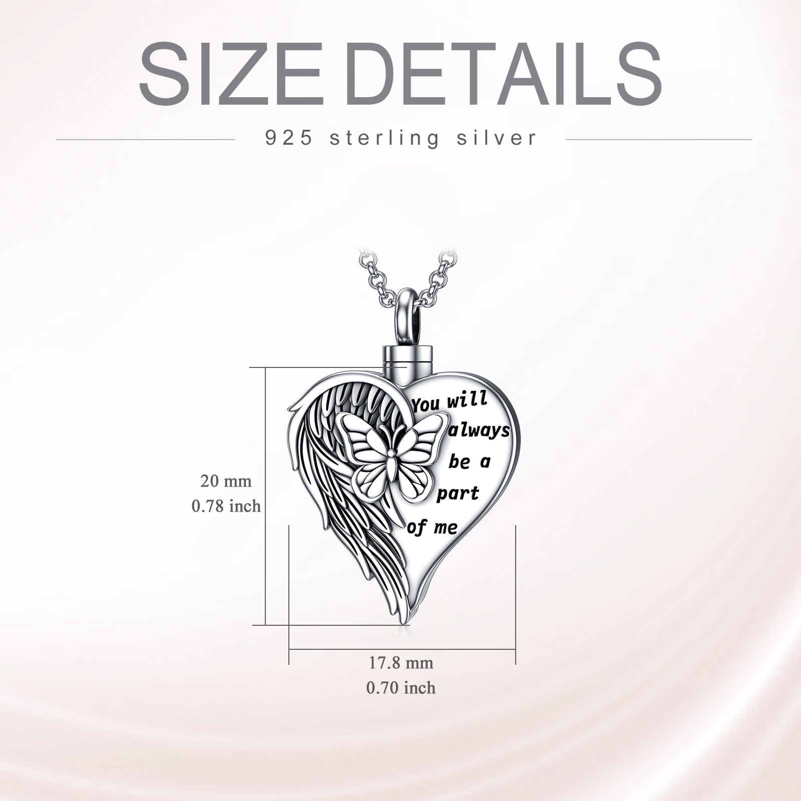 Sterling Silver Butterfly & Heart Urn Necklace for Ashes with Engraved Word