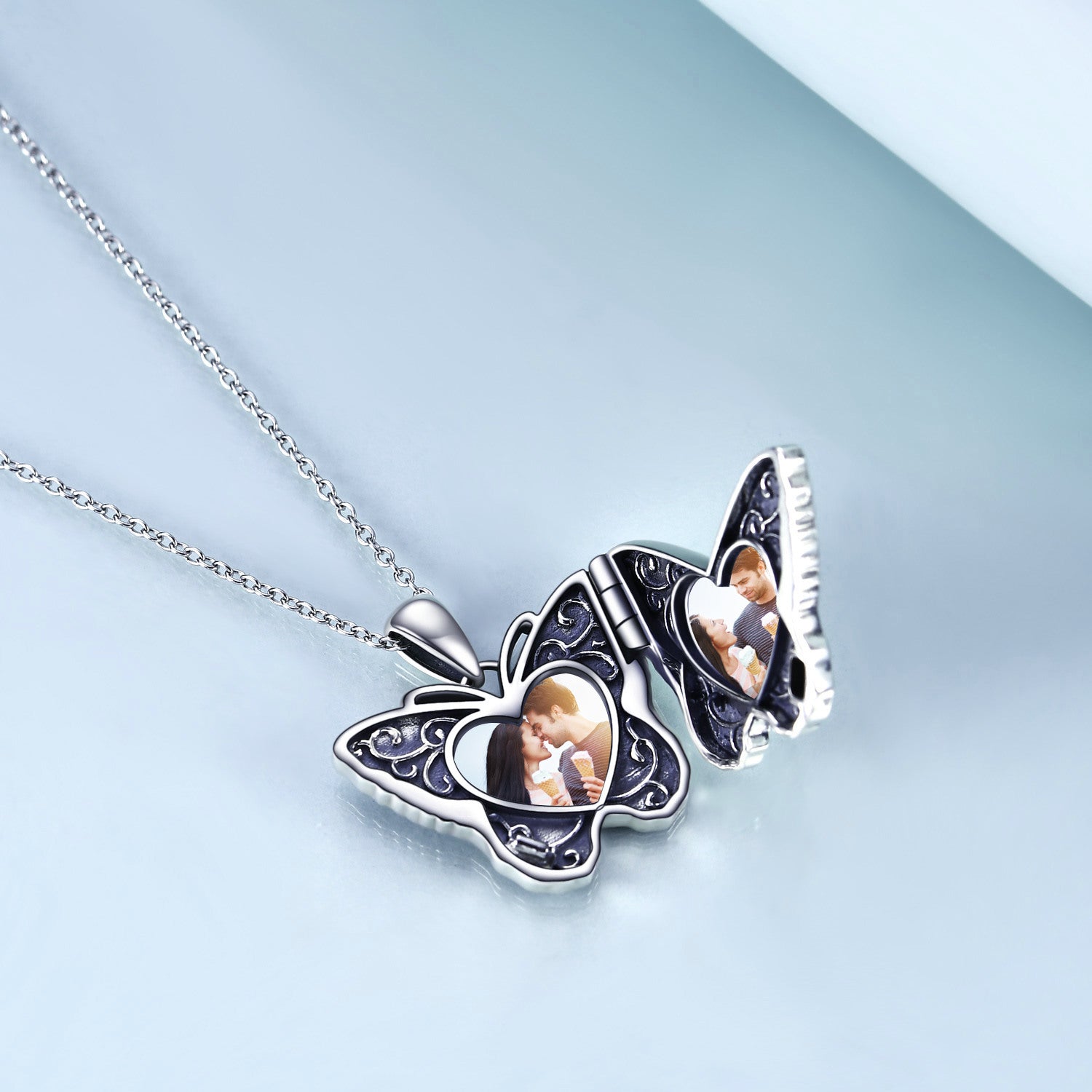 Sterling Silver Butterfly Personalised Photo Locket Necklace With Engraved Word For Women