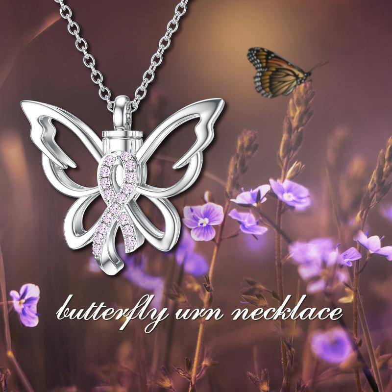 Sterling Silver Butterfly & Pink Ribbon Breast Cancer Urn Necklace for Ashes