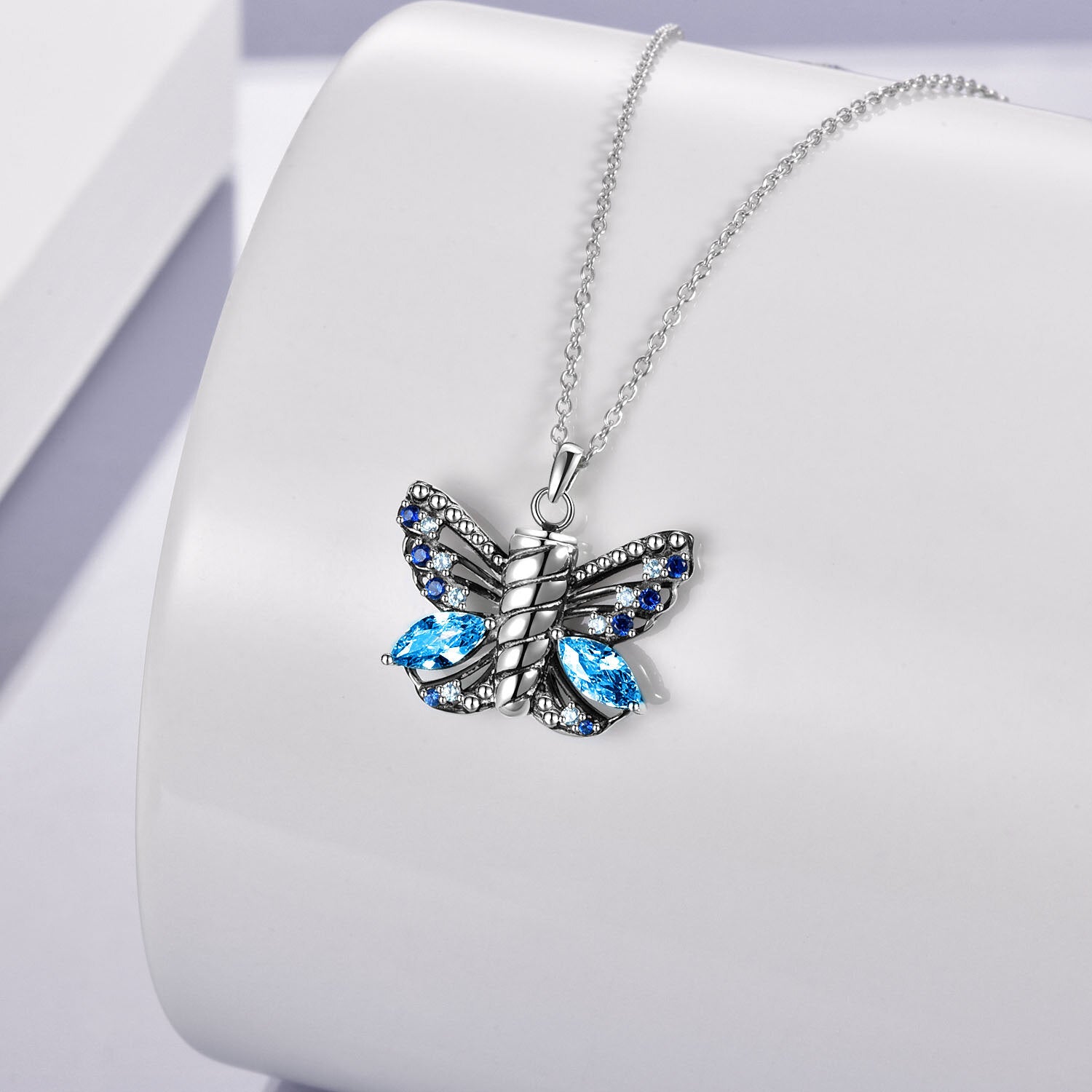 Sterling Silver Cubic Zirconia Butterfly Urn Necklace for Ashes