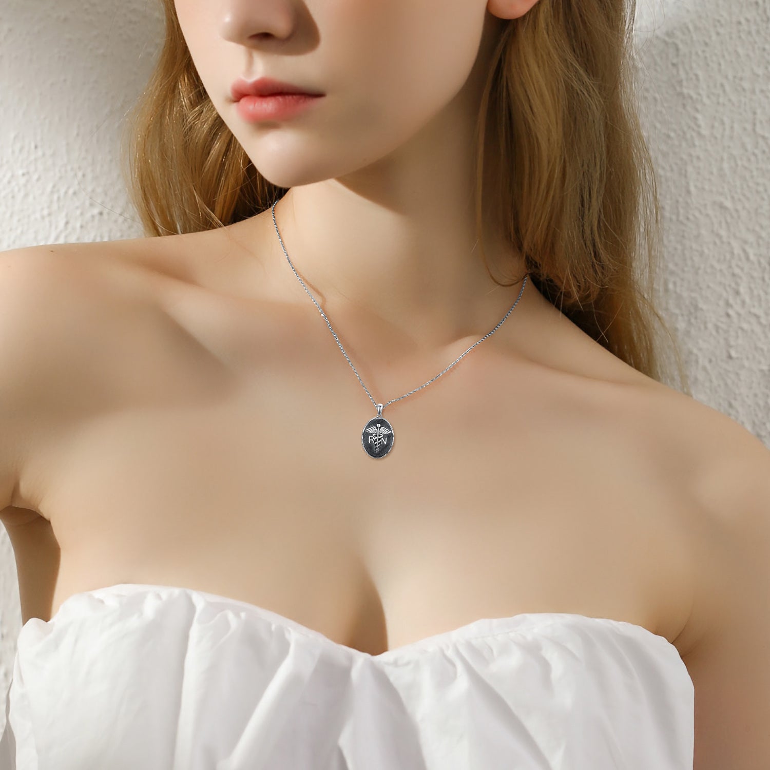 Sterling Silver Caduceus & Oval Shaped Pendant Necklace with Engraved Word