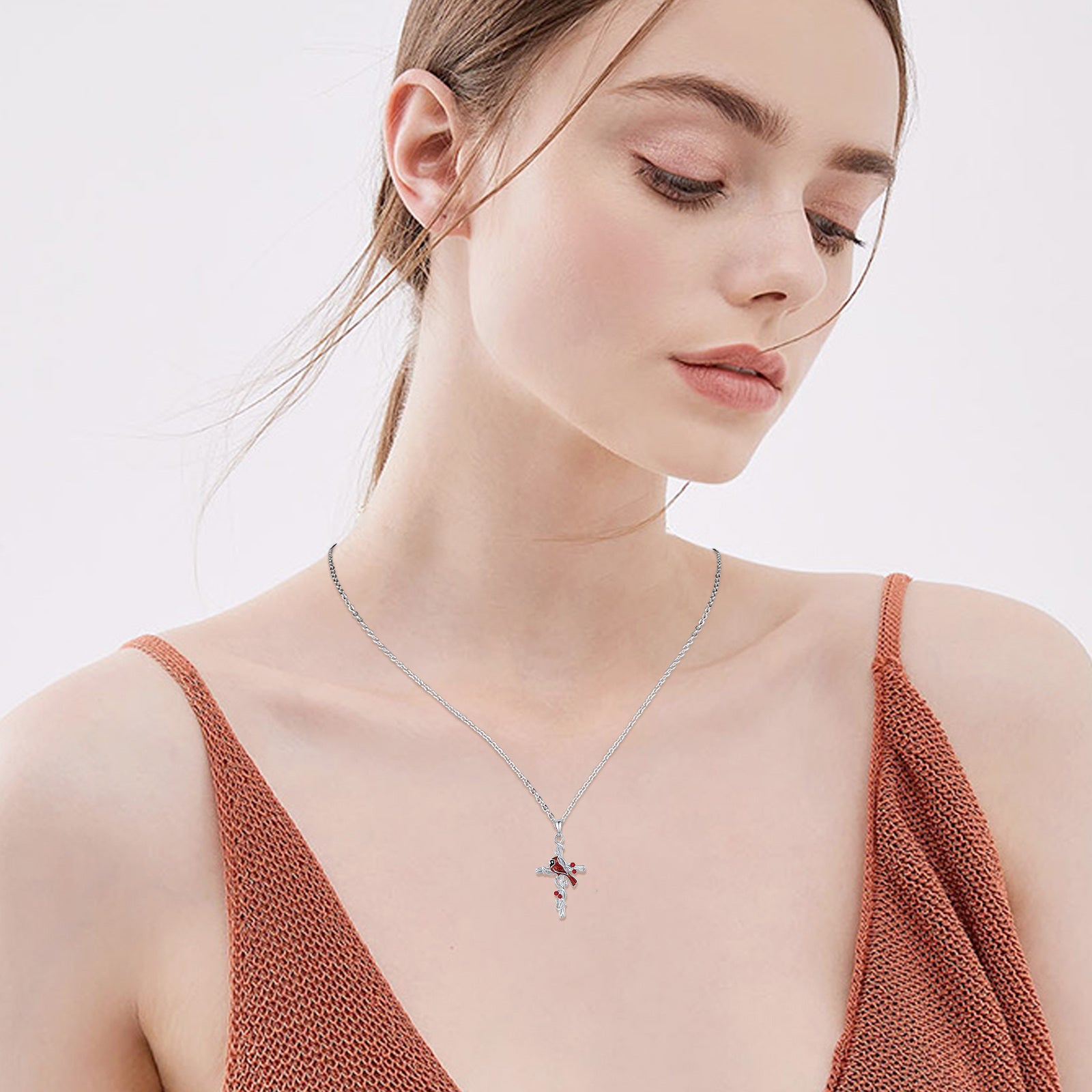 Sterling Silver Cardinal & Cross Pendant Necklace