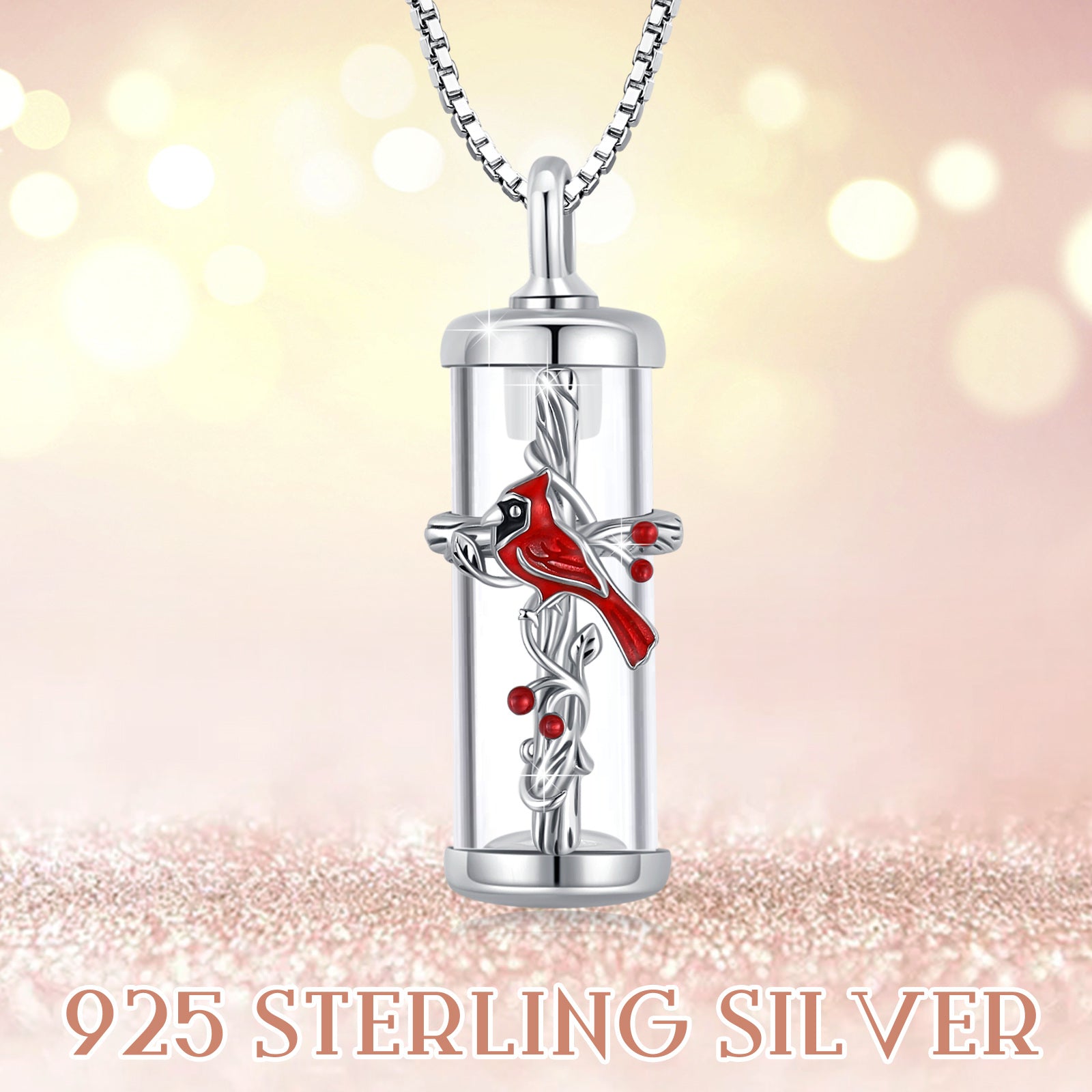 Sterling Silver Cardinal & Cross Urn Necklace for Ashes
