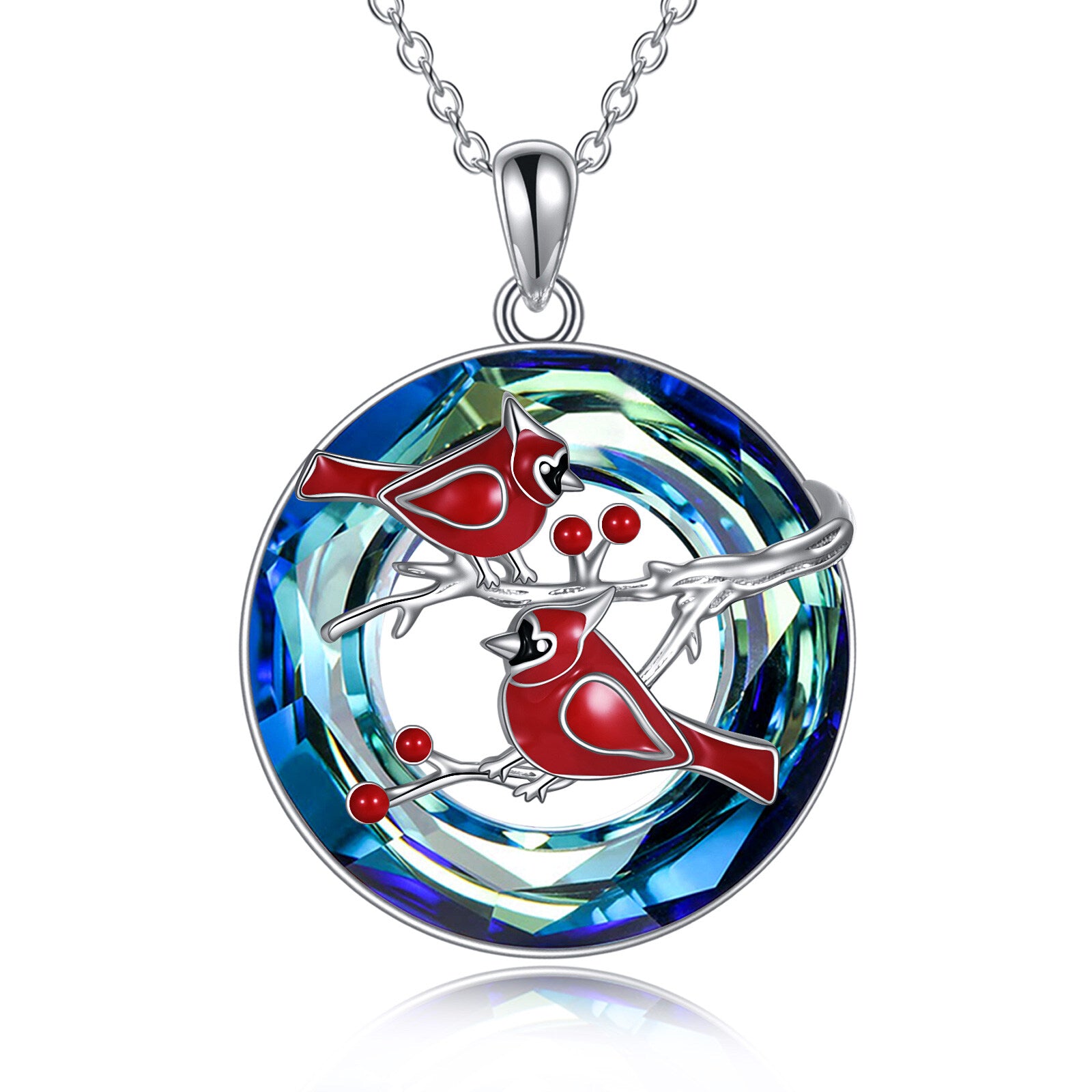 Sterling Silver Cardinal & Tree Of Life & Circle Crystal Pendant Necklace for Women