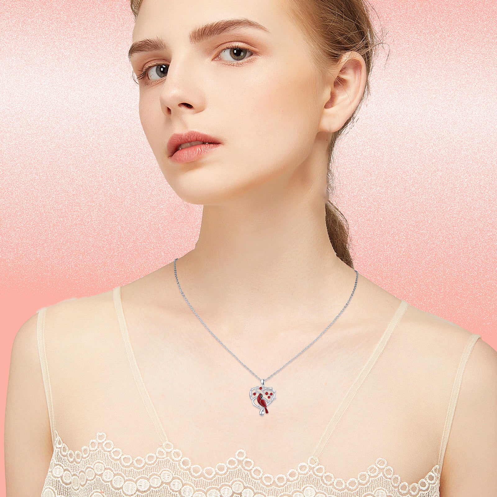 Sterling Silver Cardinal & Heart Pendant Necklace