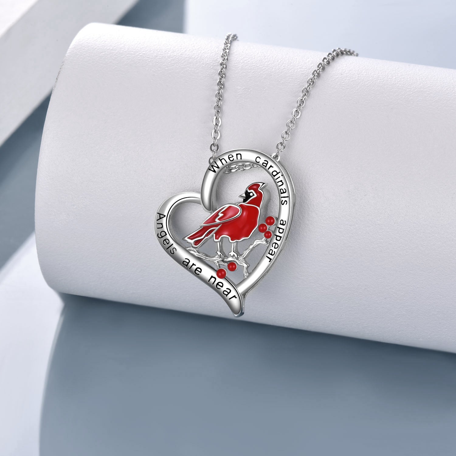 Sterling Silver Cardinal & Heart Urn Necklace for Ashes with Engraved Word