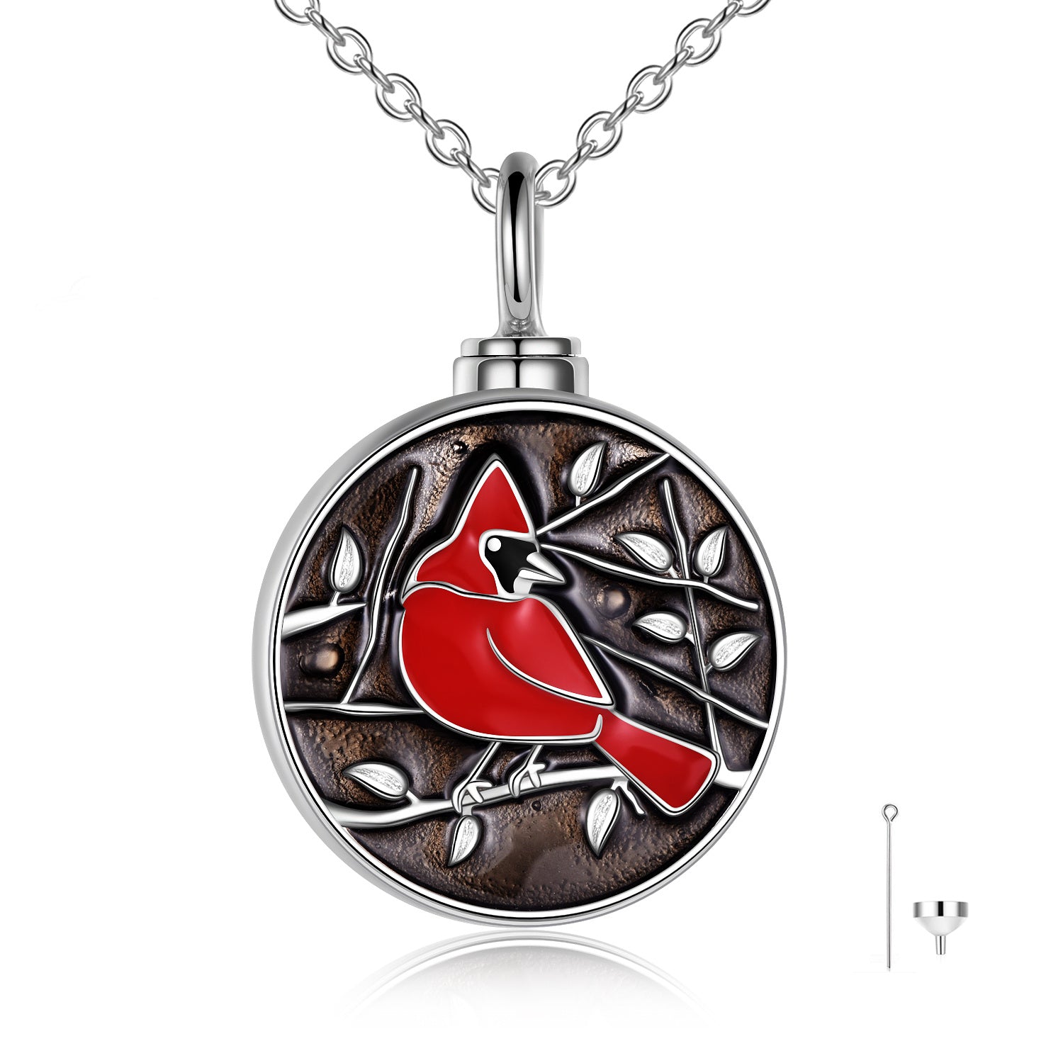 Sterling Silver Cardinal Urn Necklace for Ashes with Engraved Word