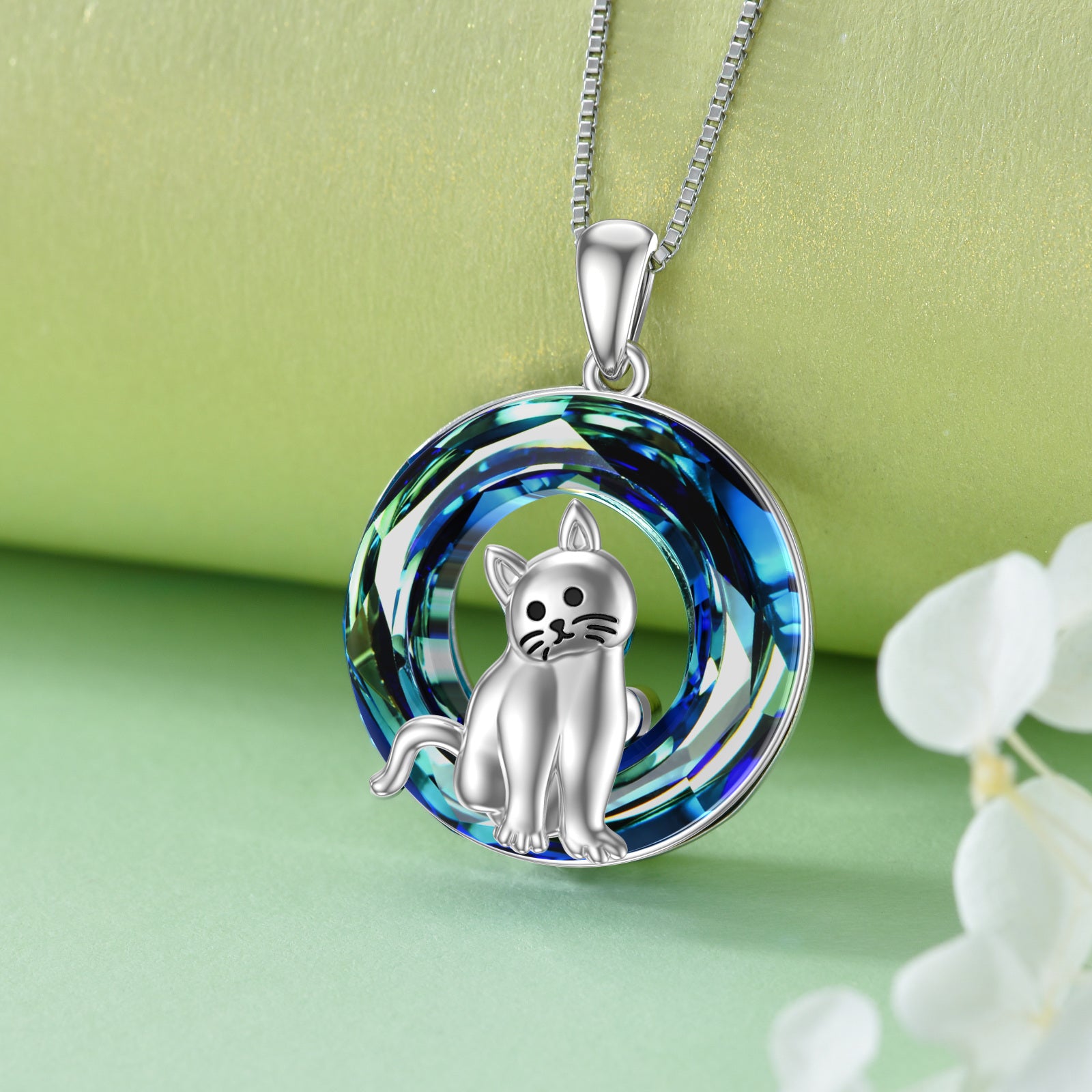 Sterling Silver Cat Blue Circle Crystal Pendant Necklace