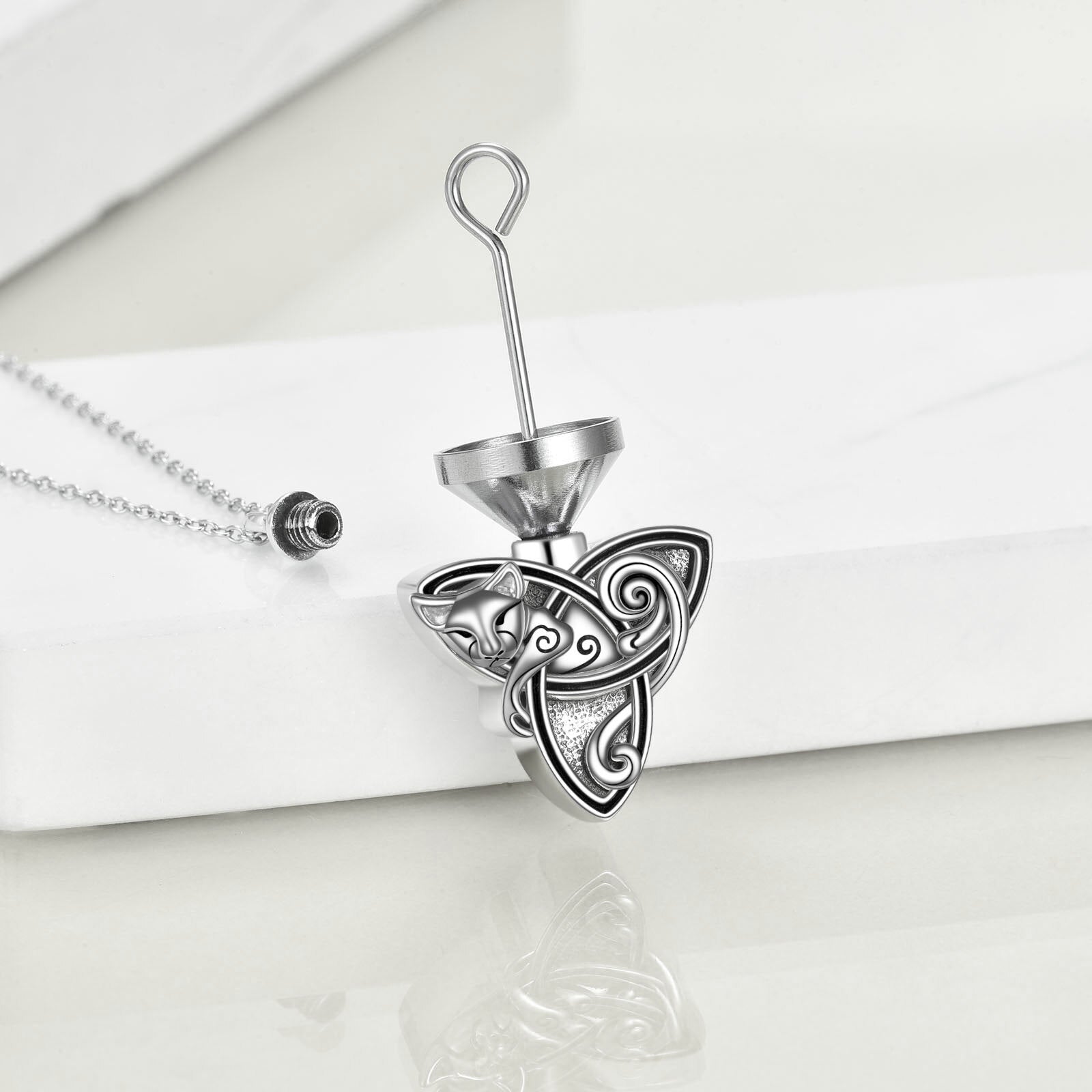 Sterling Silver Cat & Celtic Knot Urn Necklace for Ashes
