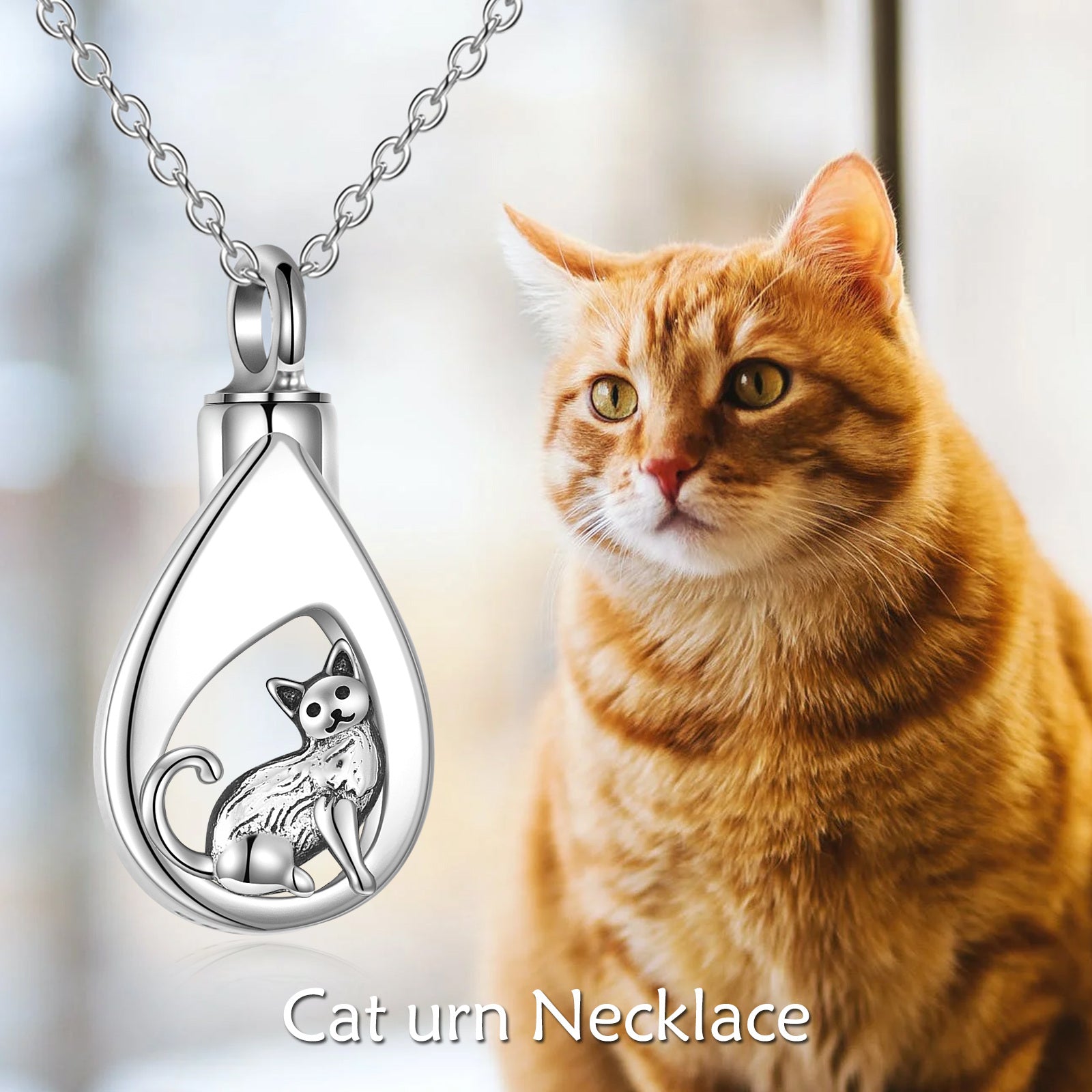 Sterling Silver Cat & Drop Shape Urn Necklace for Ashes