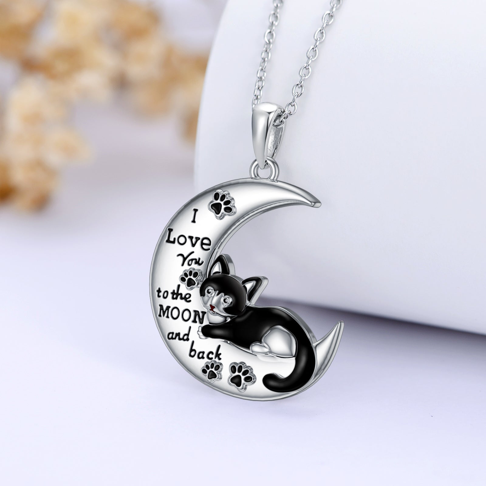 Sterling Silver Cat & Moon Pendant Necklace