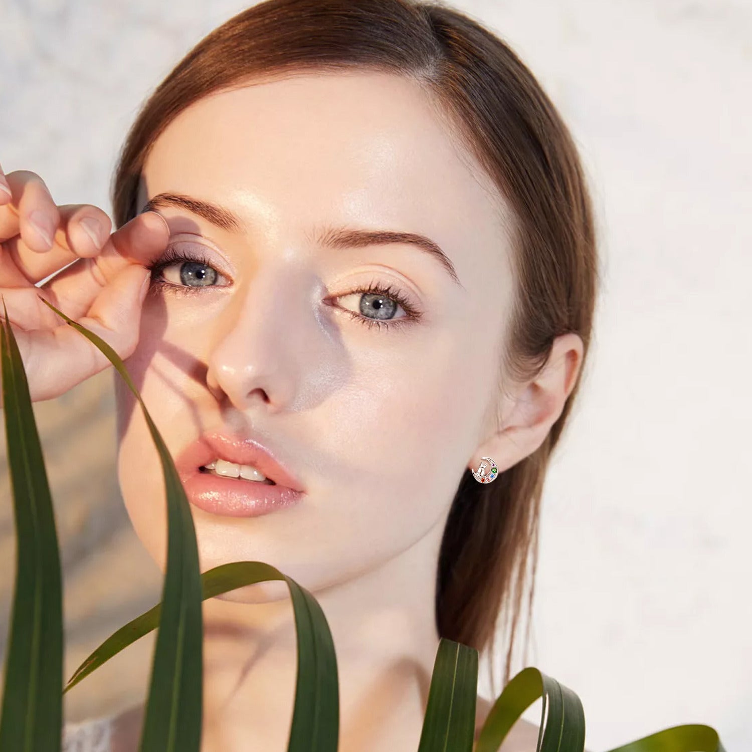 Sterling Silver Cubic Zirconia Cat & Moon Stud Earrings