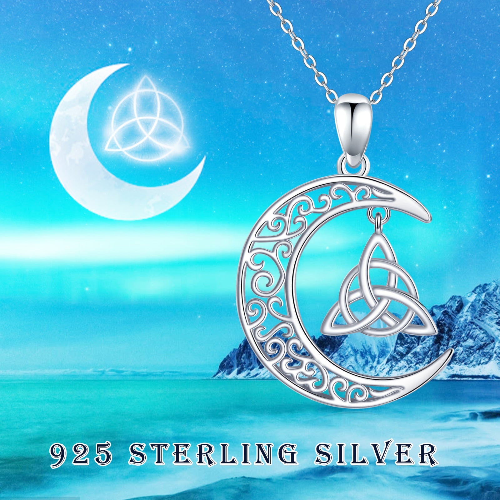 Sterling Silver Celtic Knot & Moon Cable Chain Necklace