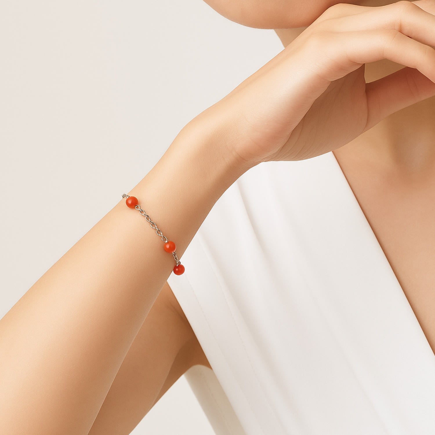 Sterling Silver Chain Bracelet With Natural Red Coral