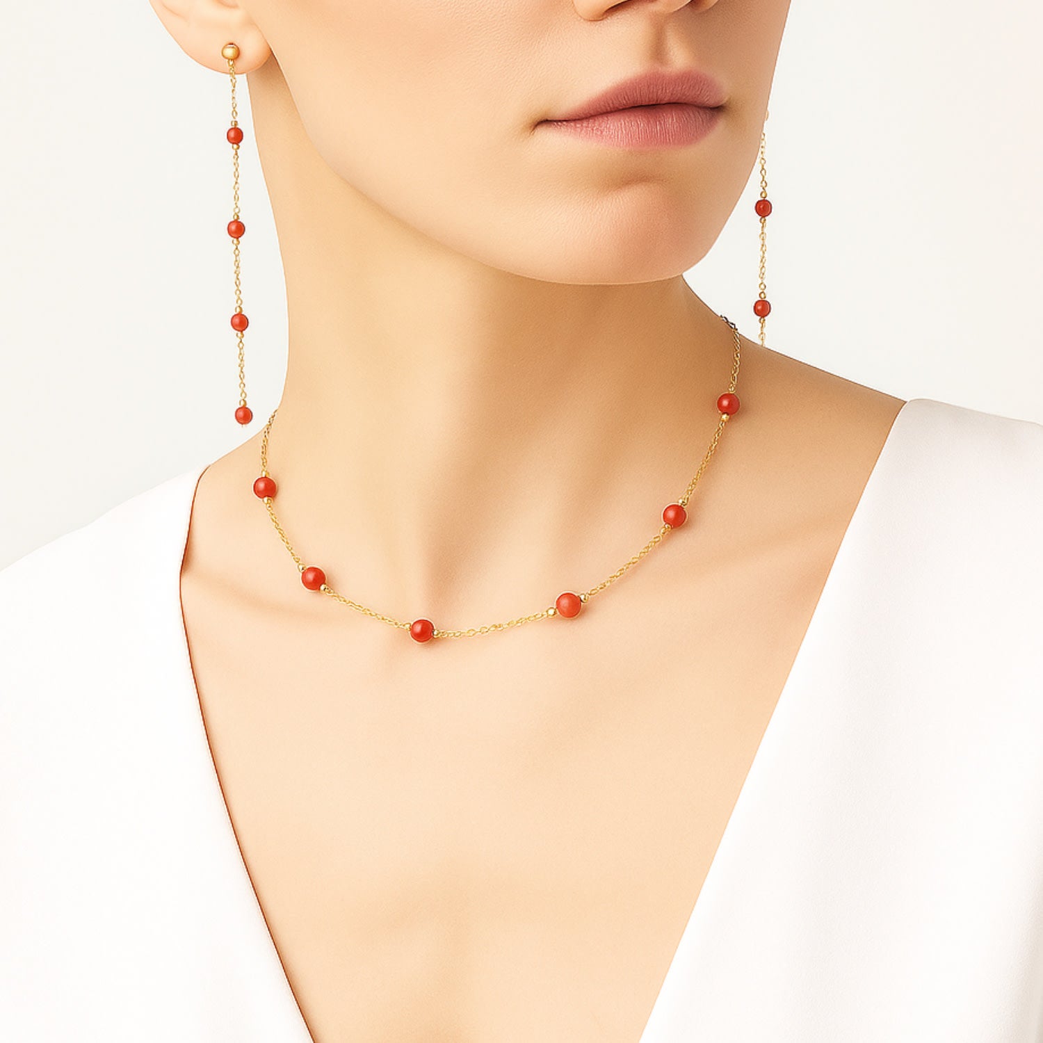 Sterling Silver Chain Necklace With Natural Red Coral- Gold-Plated