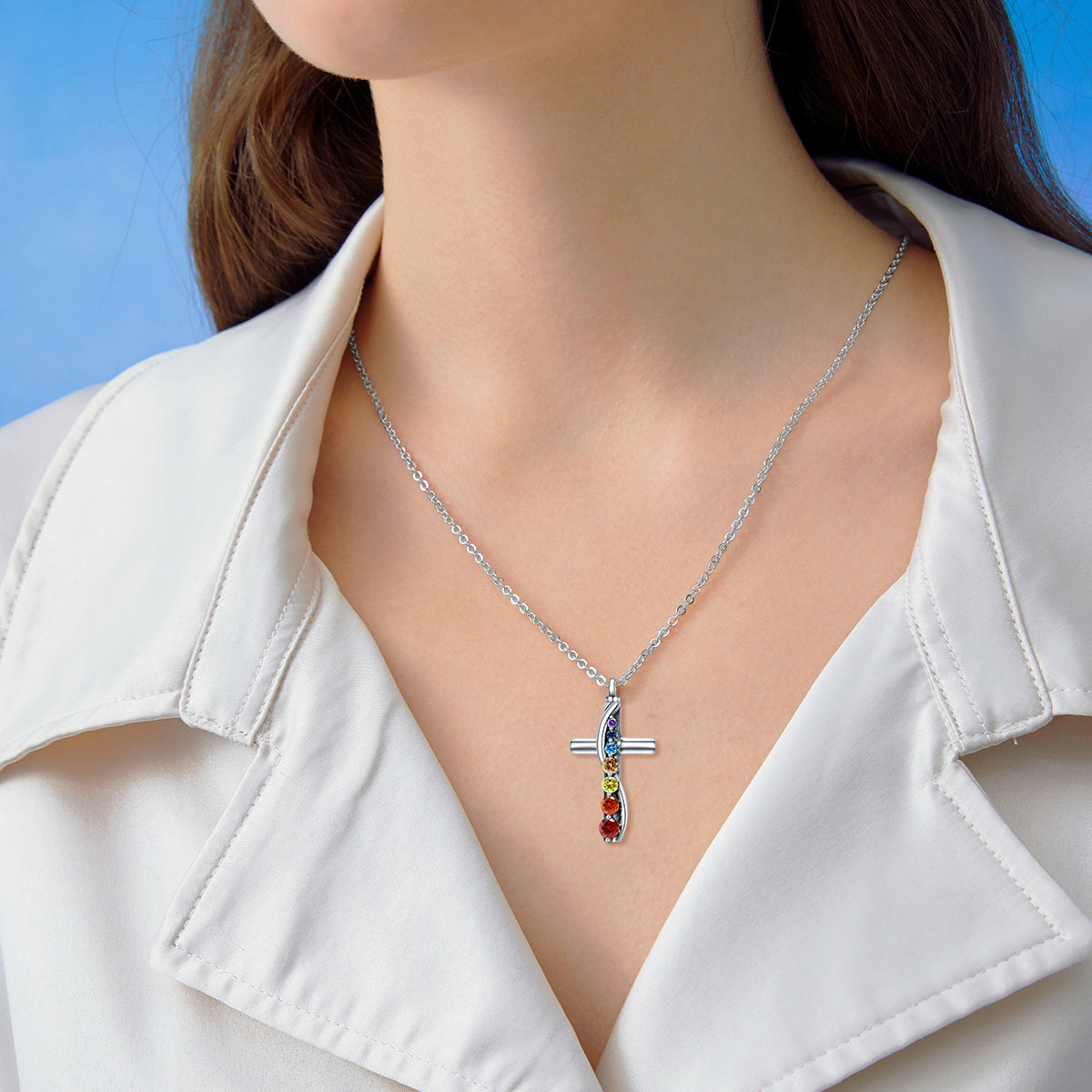 Sterling Silver Cubic Zirconia Chakras & Cross Urn Necklace for Ashes