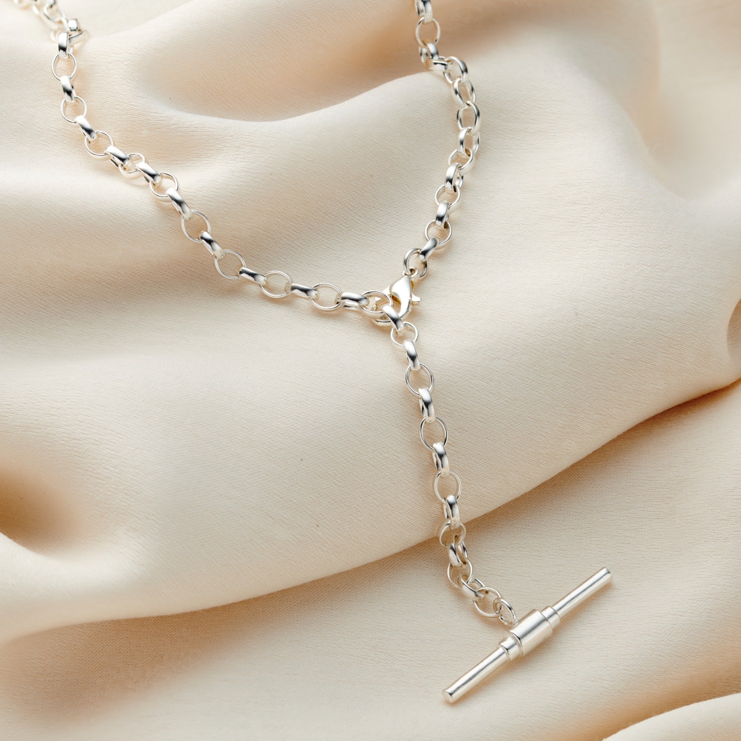 Sterling Silver Chunky Belcher Chain T Bar Lariat Necklace