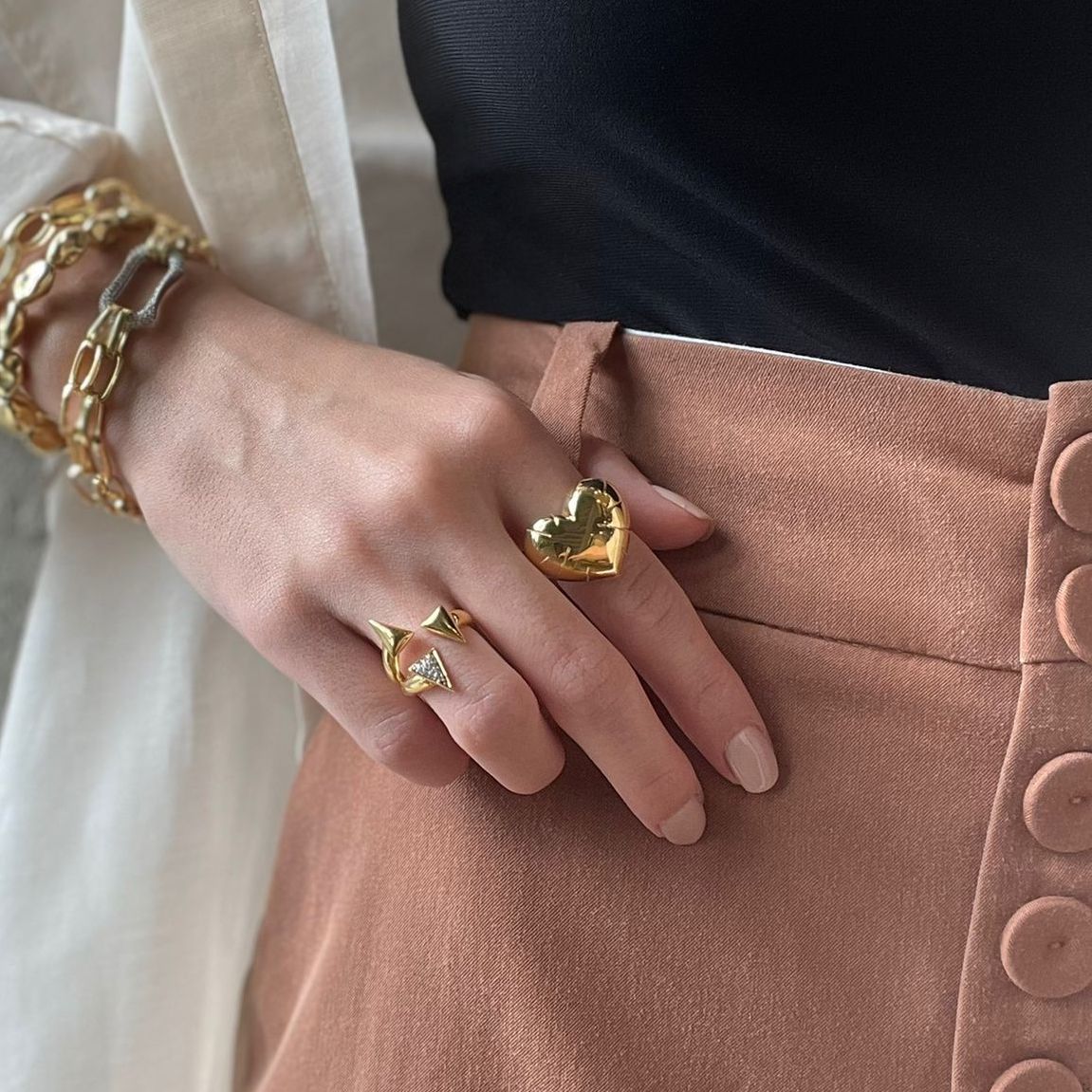 Sterling Silver Chunky Love Heart Signet Ring - Gold