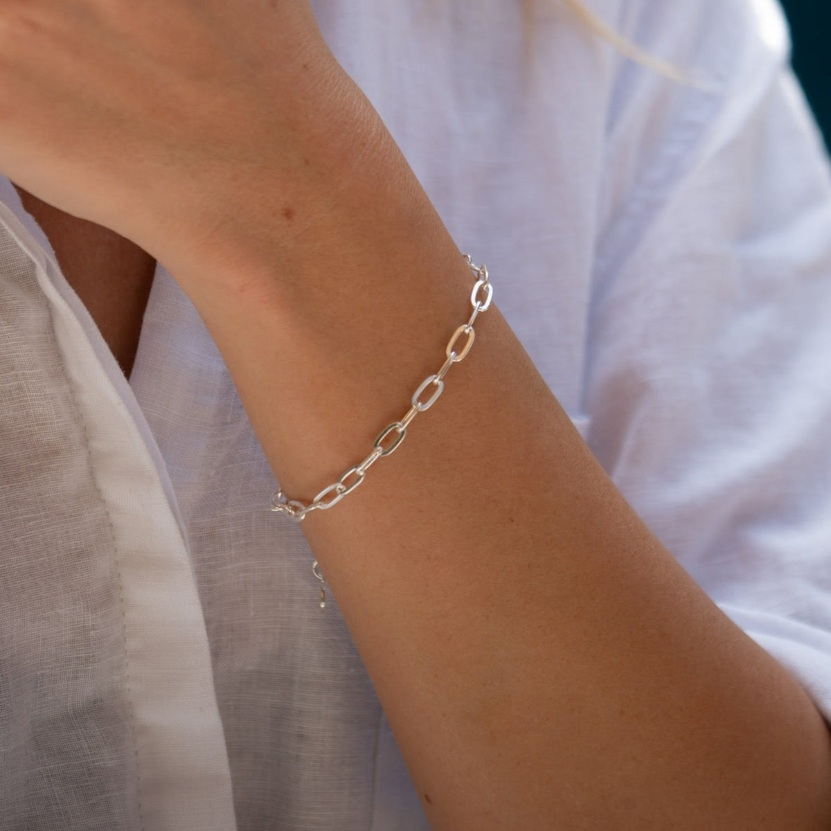 Sterling Silver Chunky Oval Link Charm Bracelet