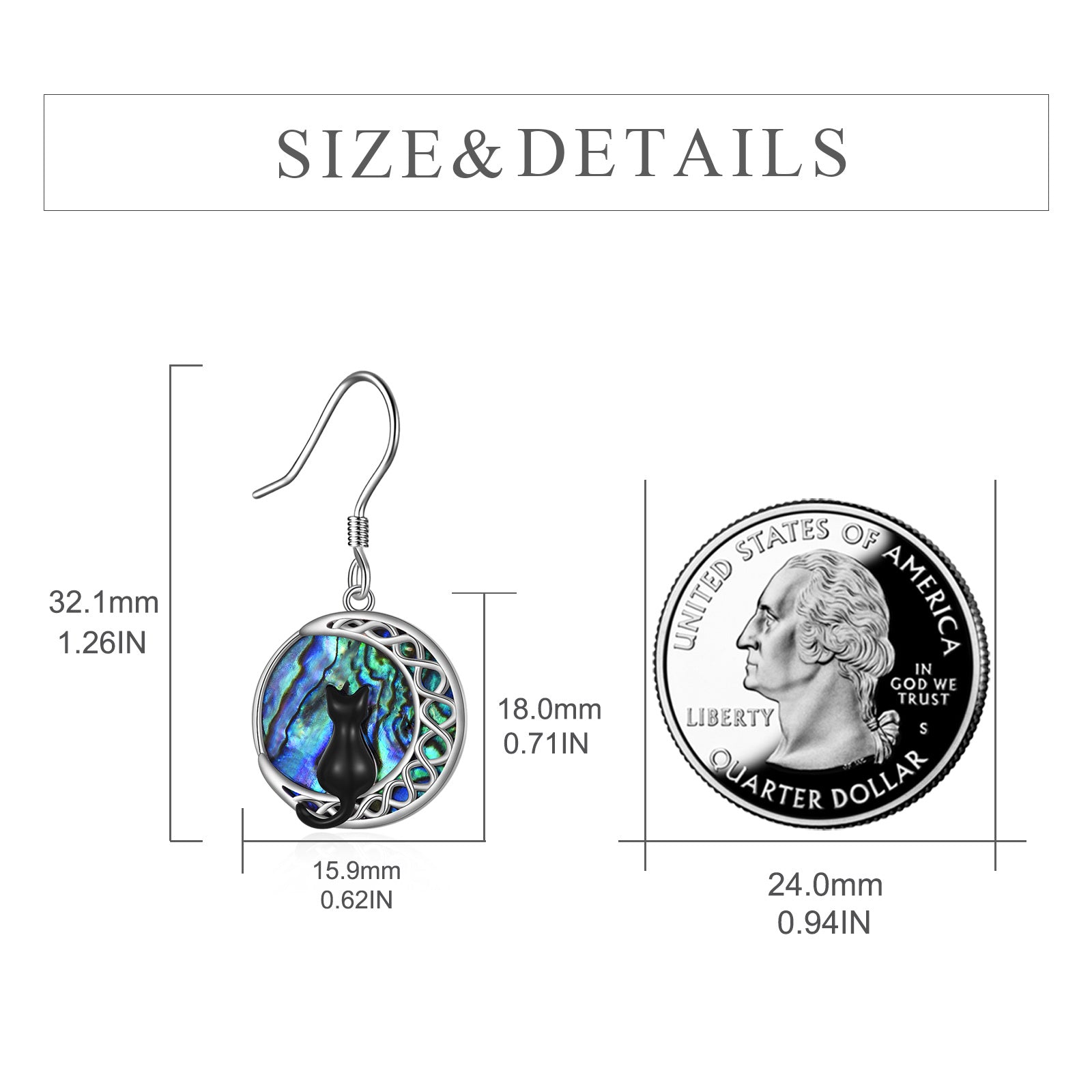 Sterling Silver Circular Shaped Abalone Shellfish Cat & Moon Drop Earrings