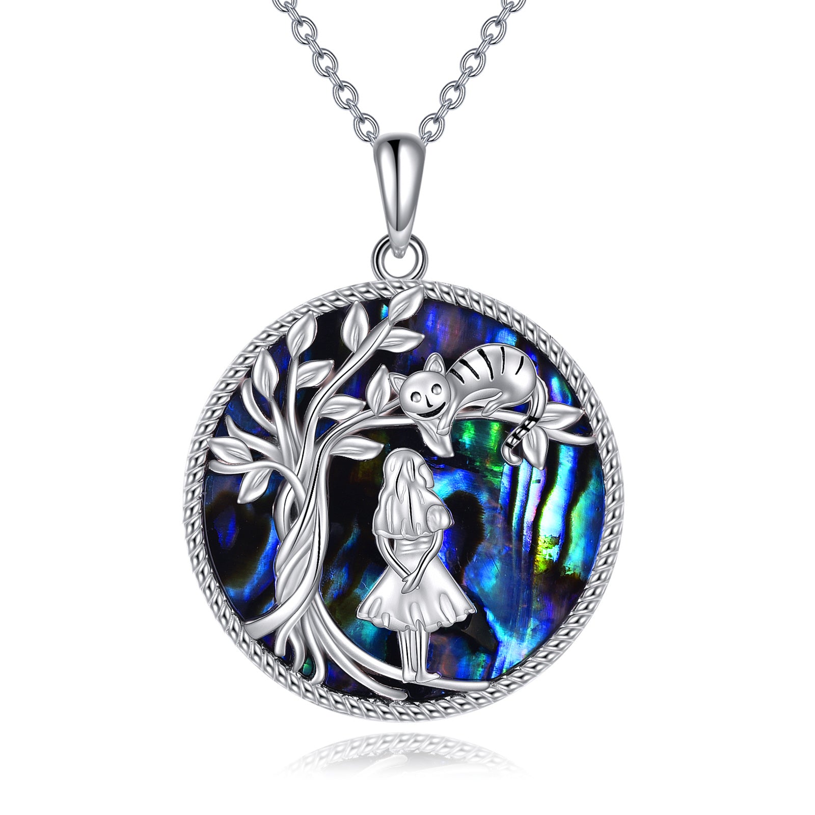 Sterling Silver Circular Abalone Shellfish Cat & Girl Tree Of Life Necklace for Women