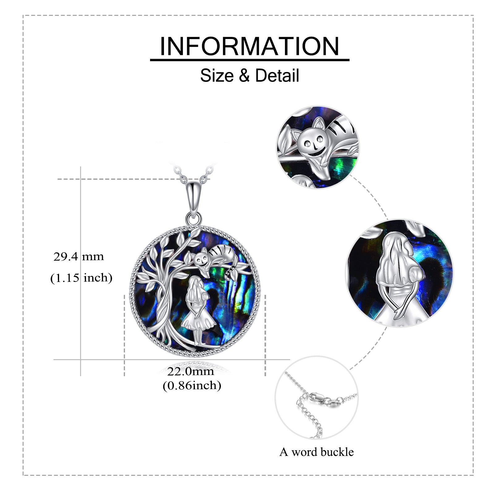 Sterling Silver Circular Abalone Shellfish Cat & Girl Tree Of Life Necklace for Women