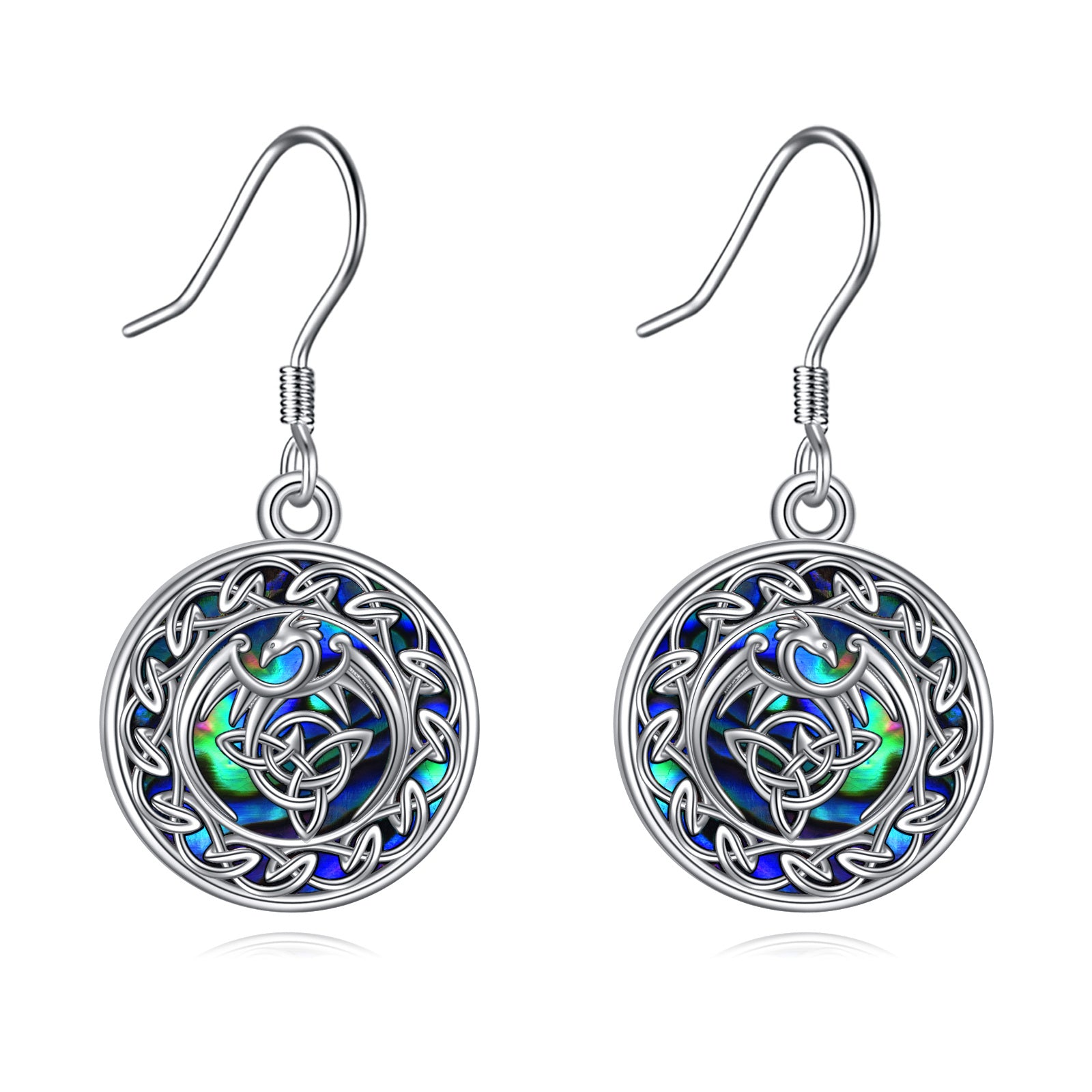 Sterling Silver Circular Shaped Abalone Shellfish Celtic Knot Drop Earrings