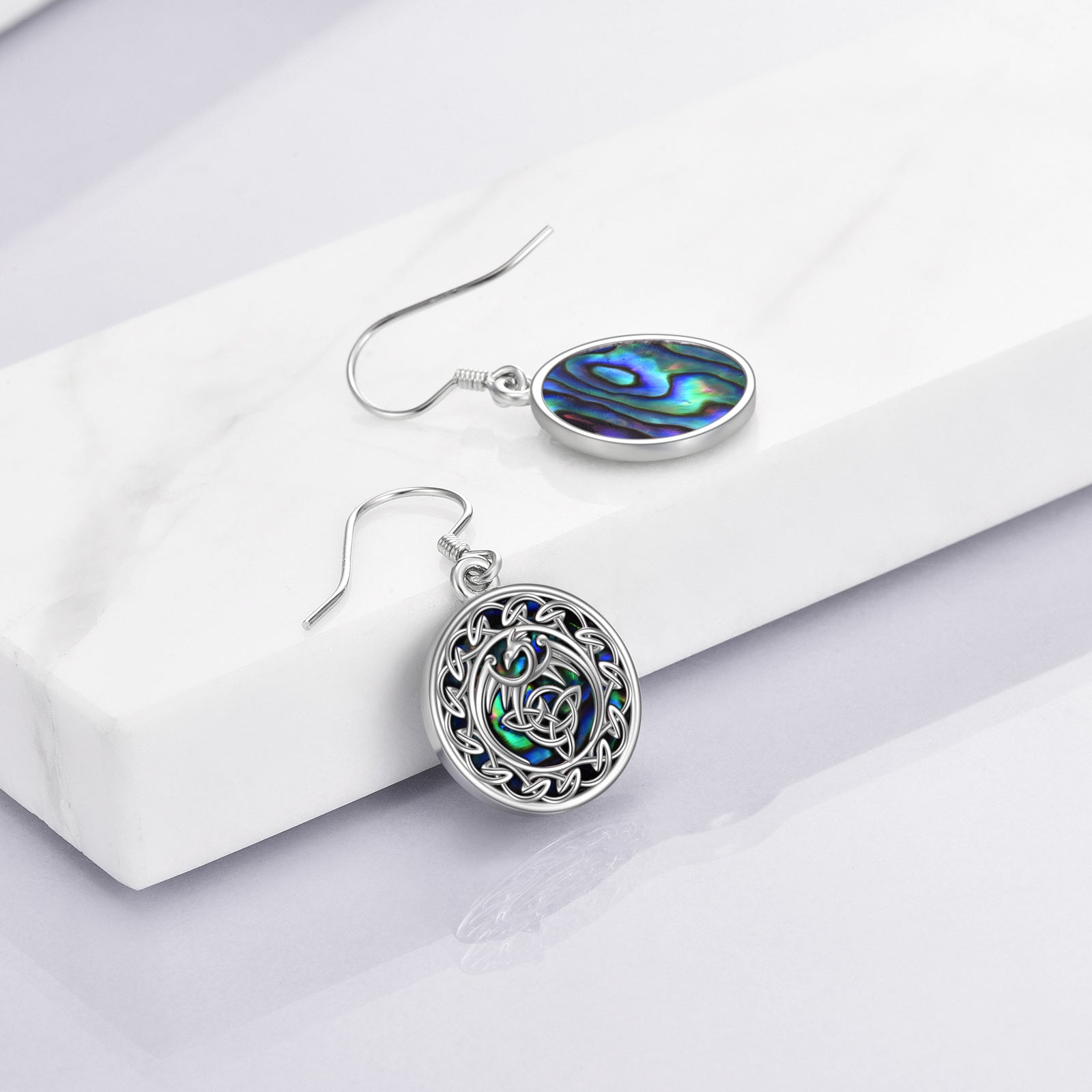 Sterling Silver Circular Shaped Abalone Shellfish Celtic Knot Drop Earrings