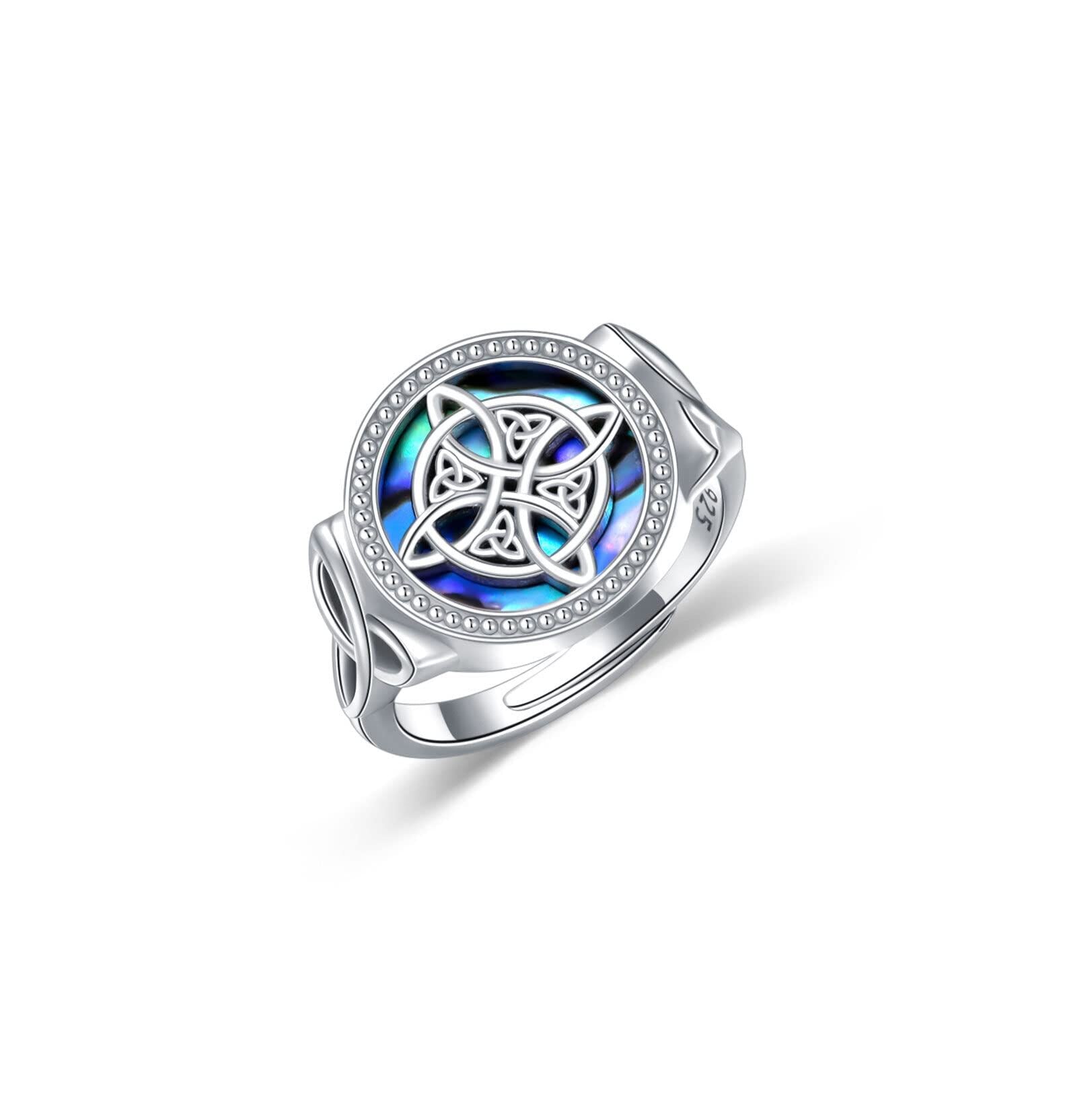 Sterling Silver Round Shaped Abalone Shellfish Celtic Knot & Witches Knot Ring